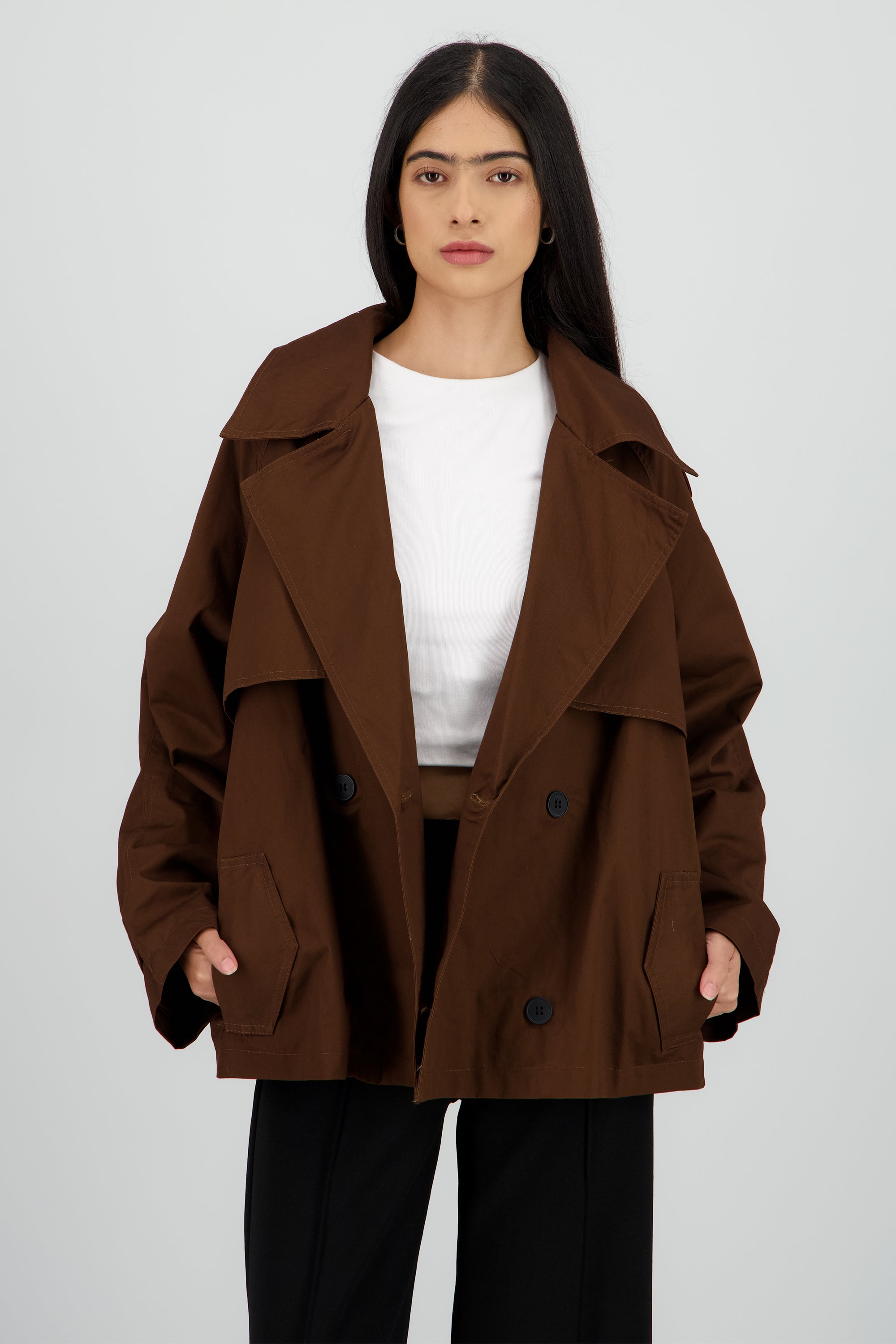 Gabardina oversized corta CHOCOLATE