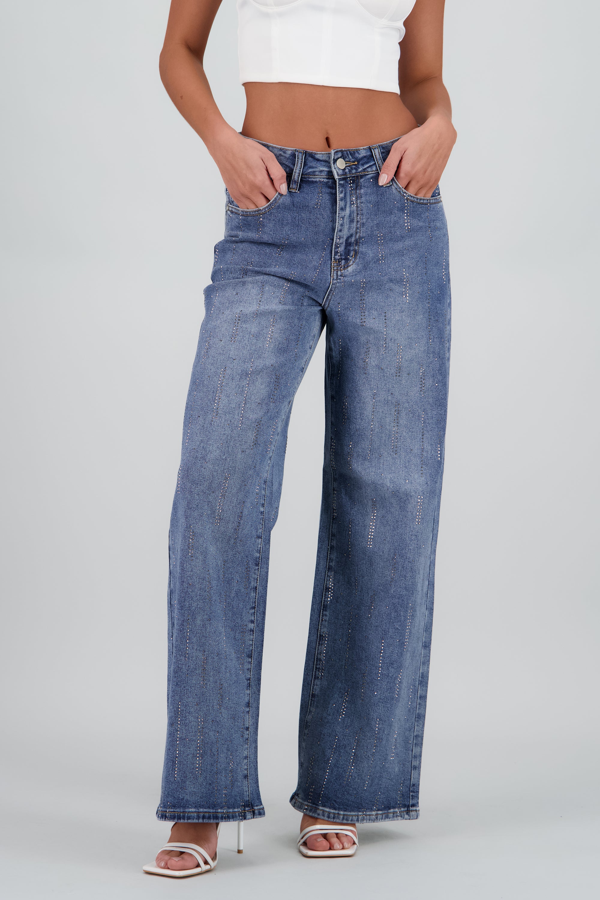 Jeans straight brillo tiras DARK WASH