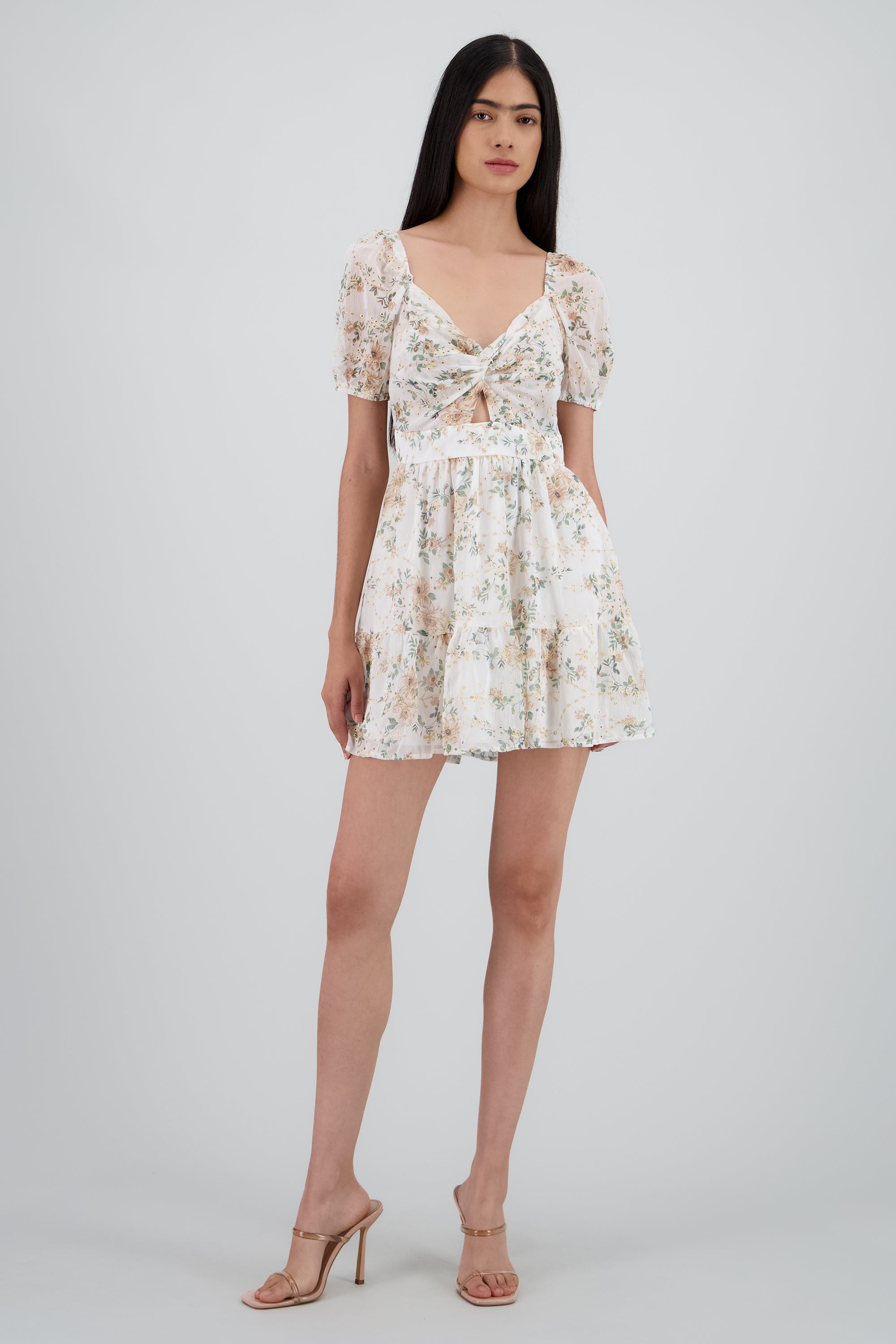 Vestido manga abullonada tela bordada HUESO COMBO