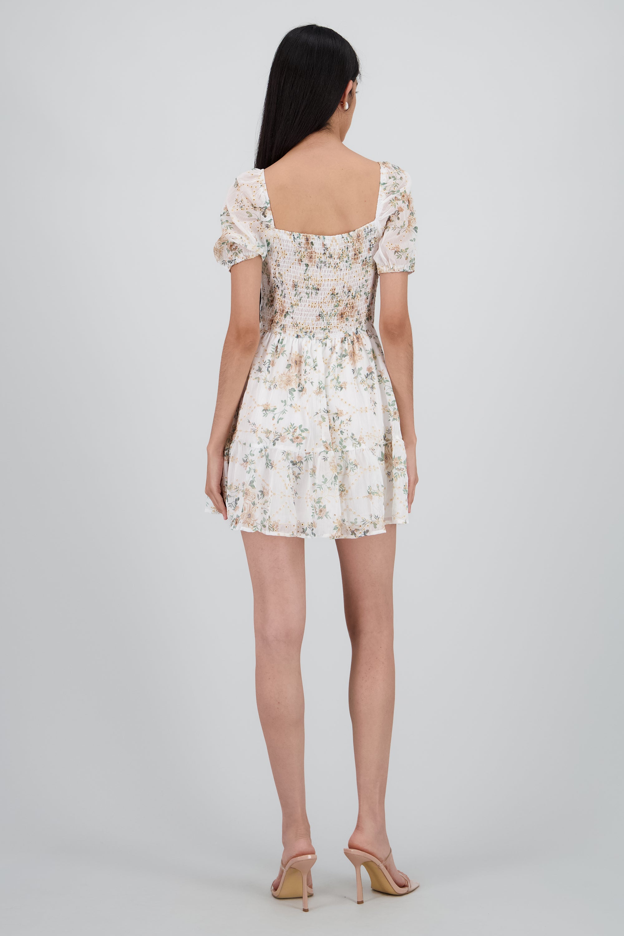 Vestido manga abullonada tela bordada HUESO COMBO