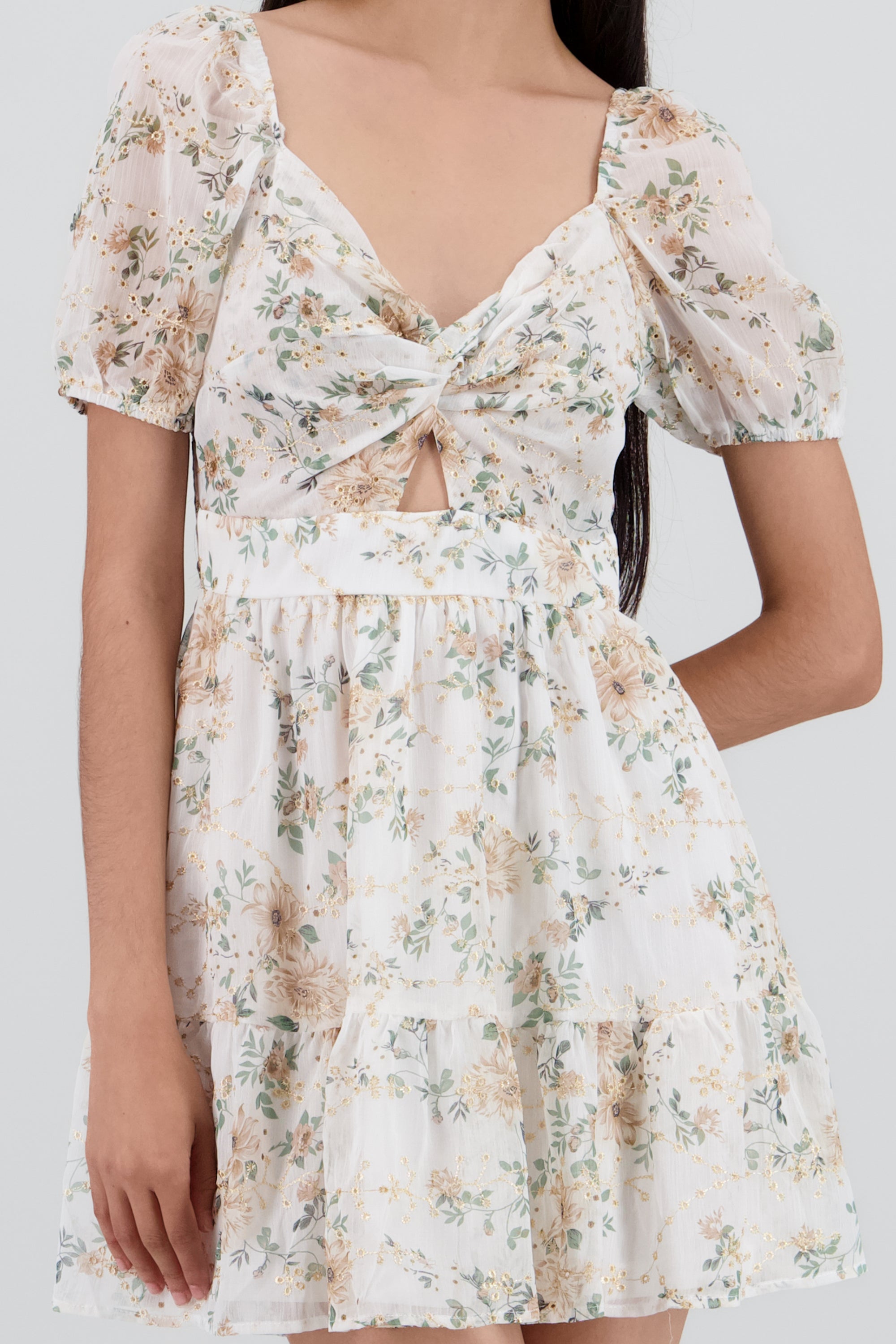 Vestido manga abullonada tela bordada HUESO COMBO