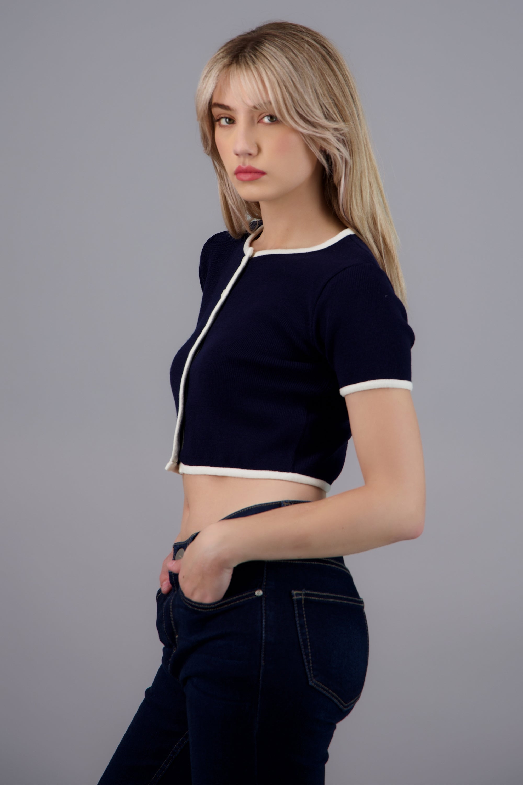 Top tejido manga corta contraste MARINO