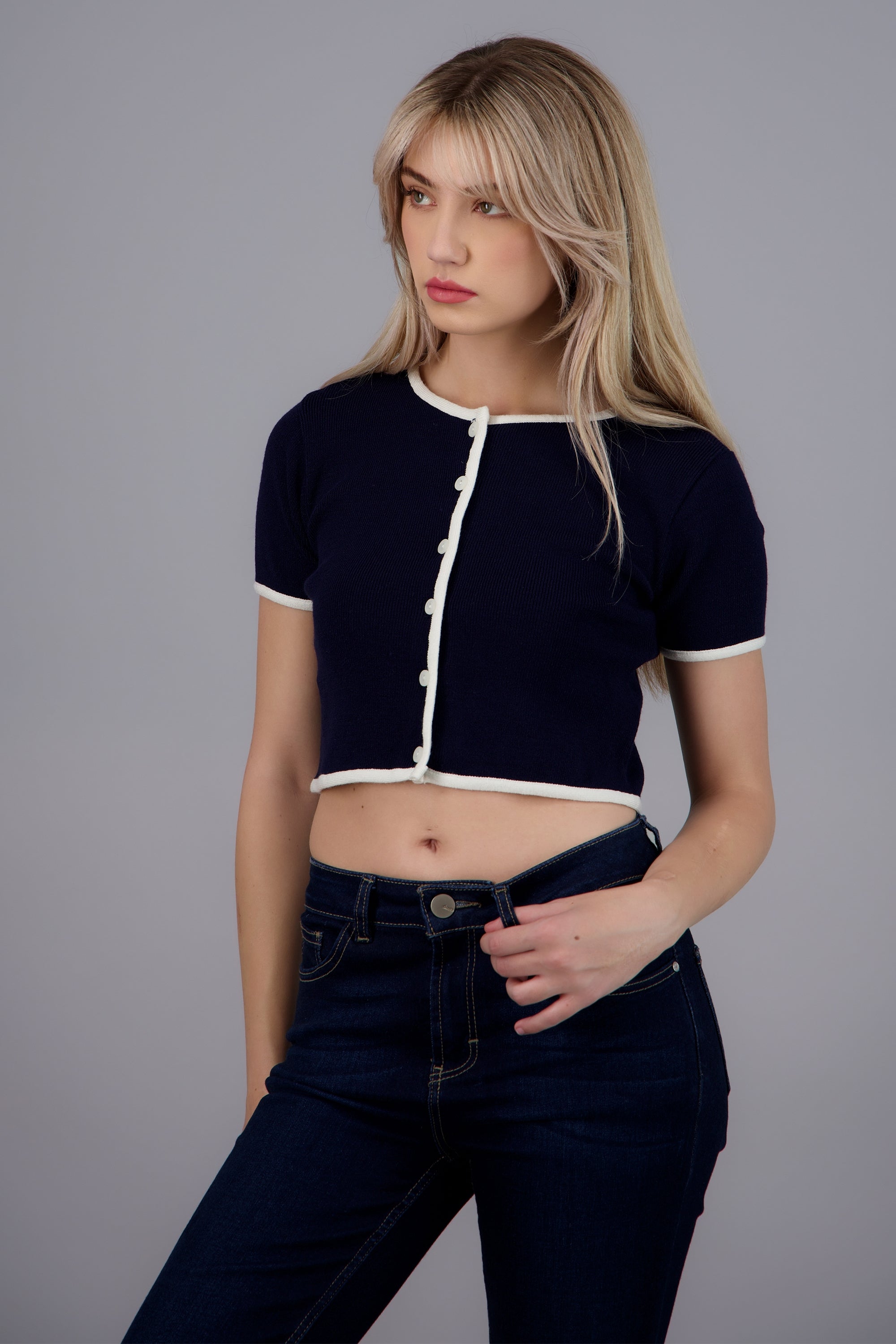 Top tejido manga corta contraste MARINO