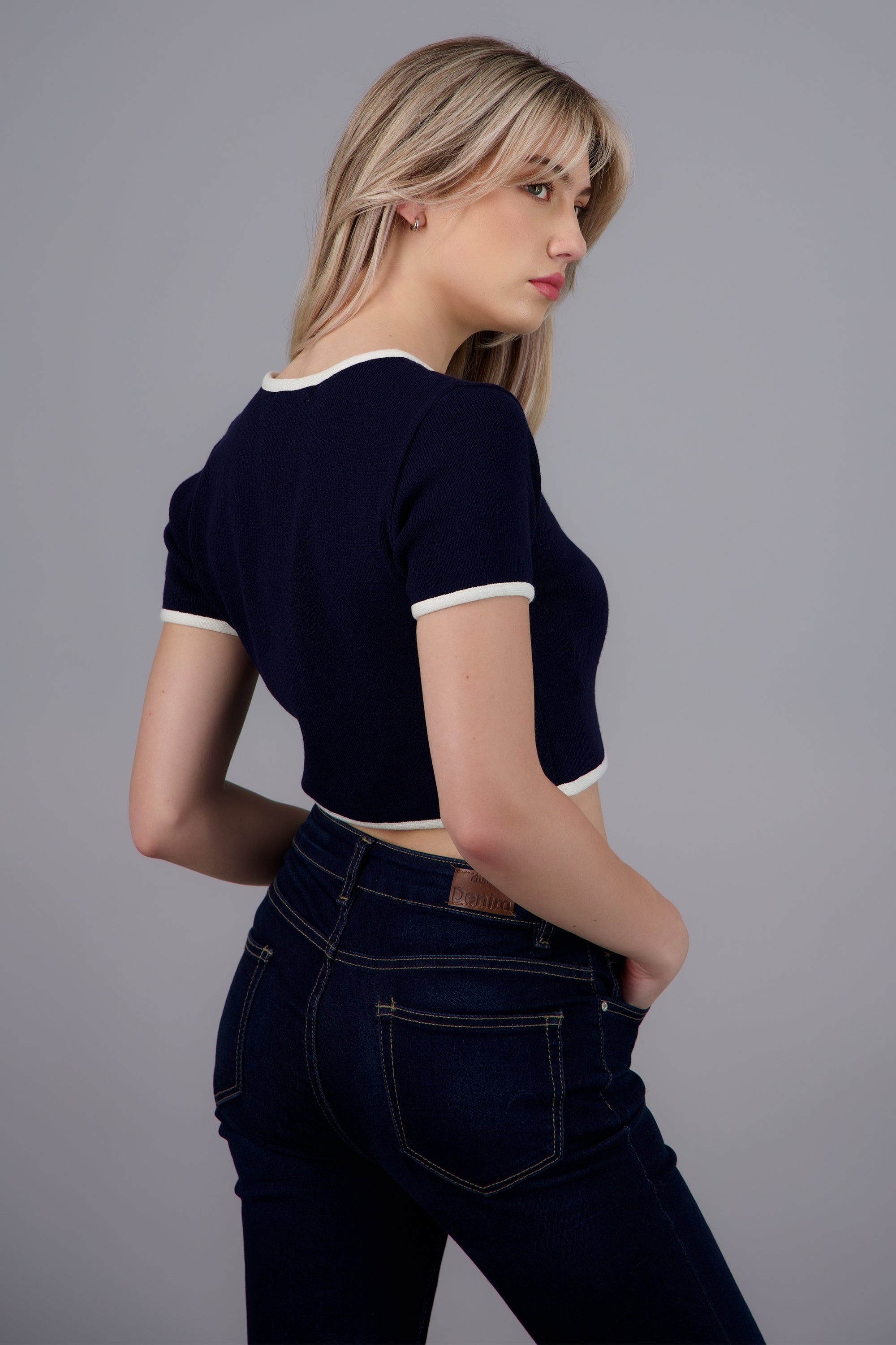 Top tejido manga corta contraste MARINO