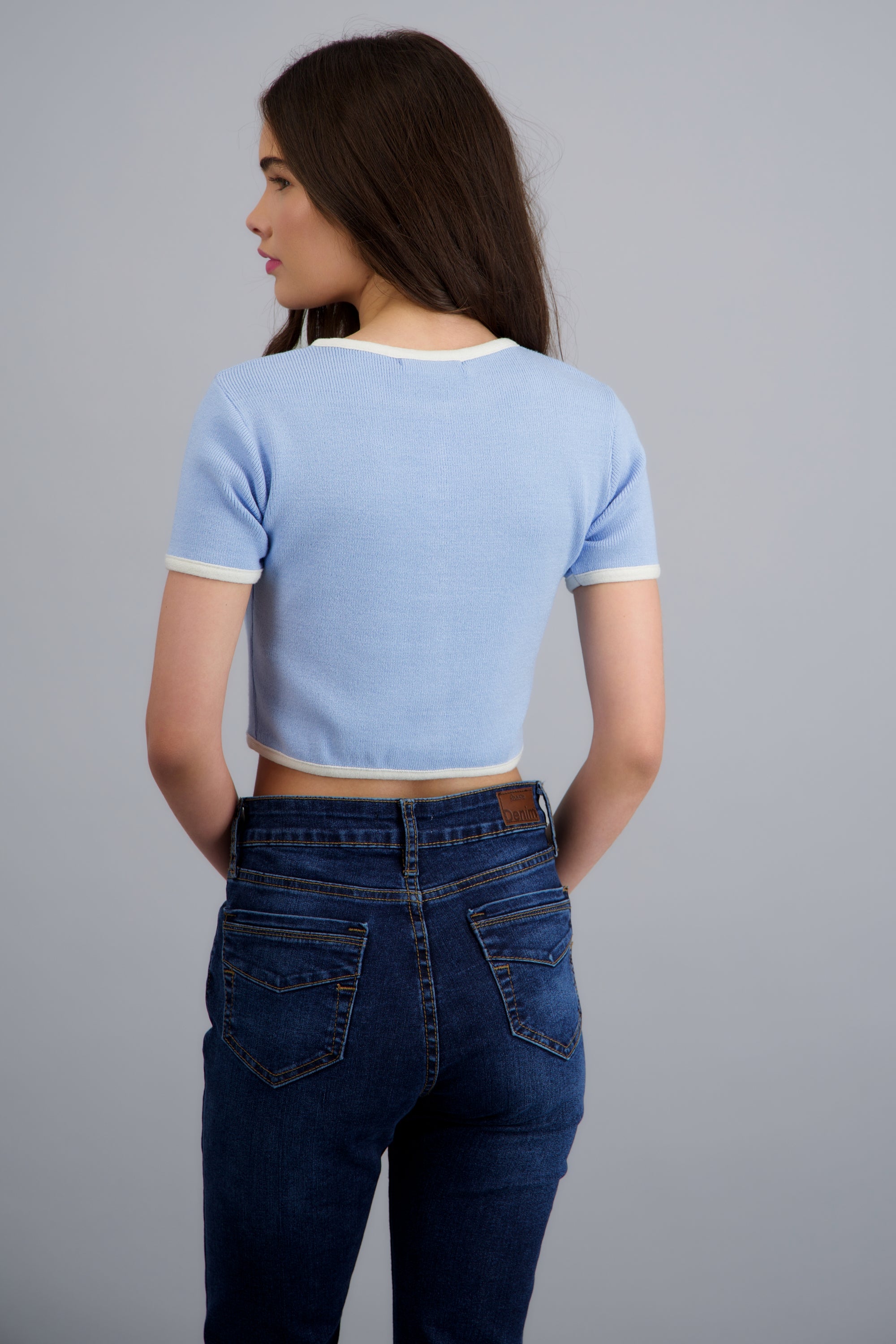 TOP TEJIDO M/C  CONTRASTE KNI AZUL CIELO