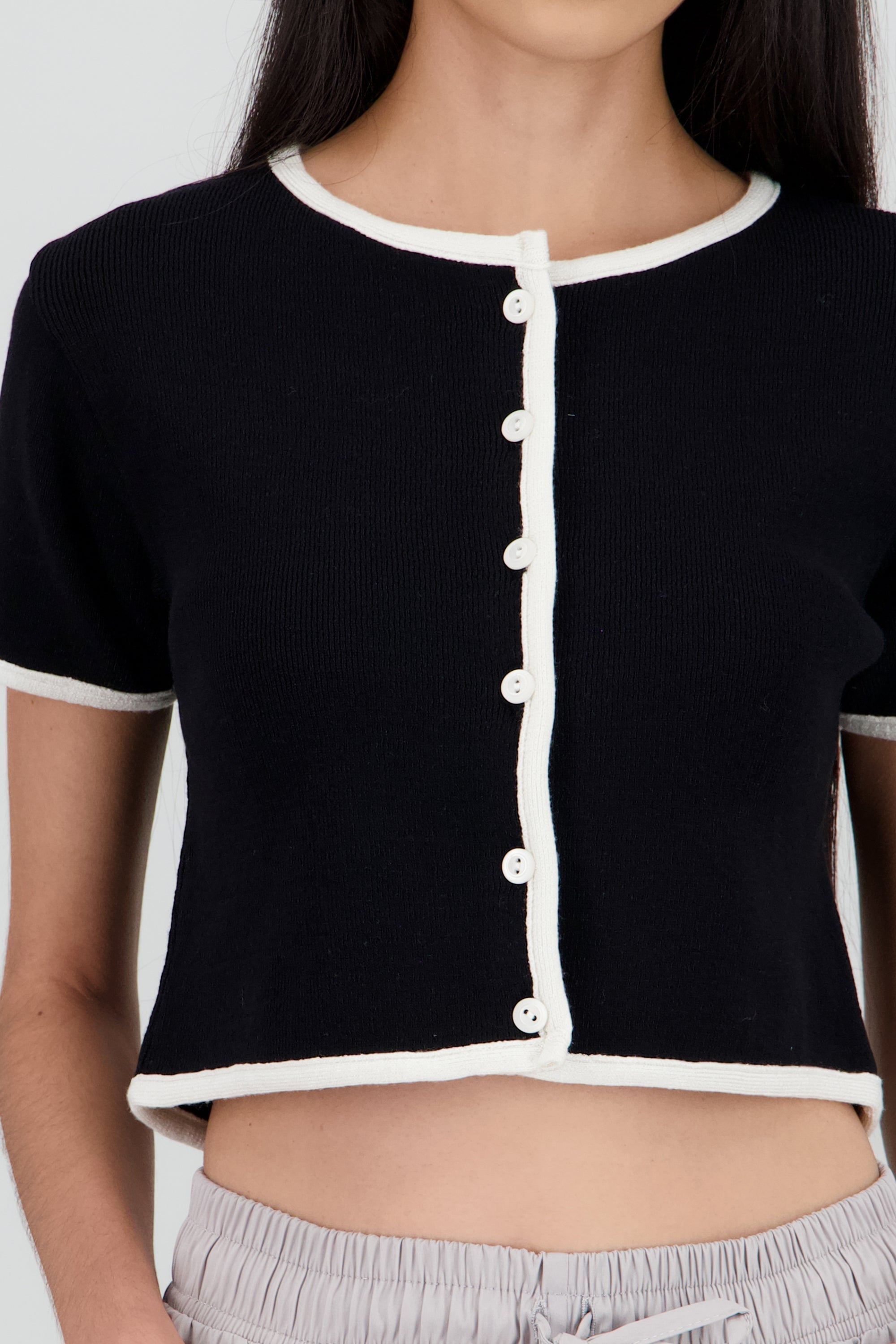 Top tejido manga corta contraste NEGRO