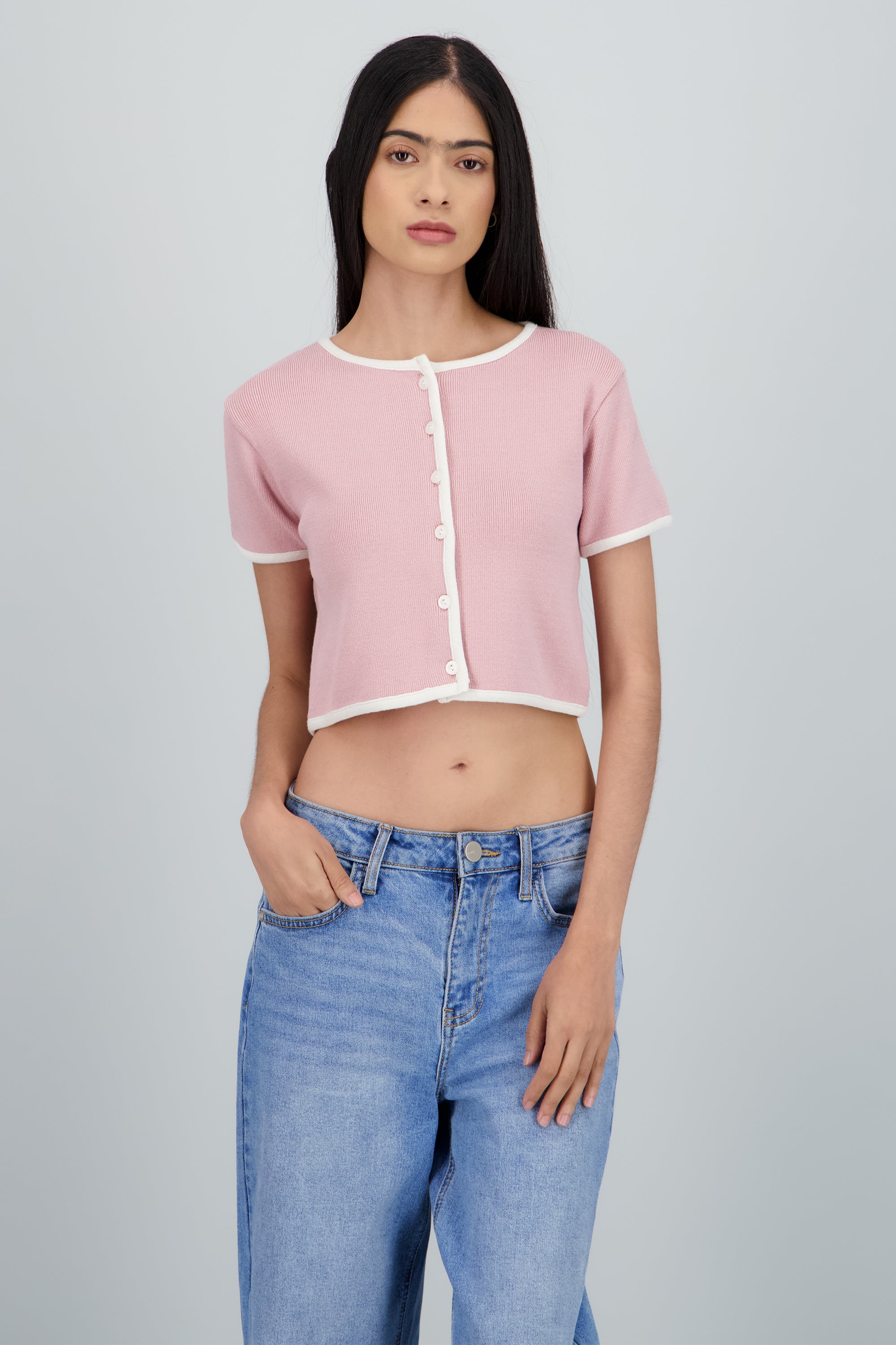 Top tejido manga corta contraste PALO DE ROSA