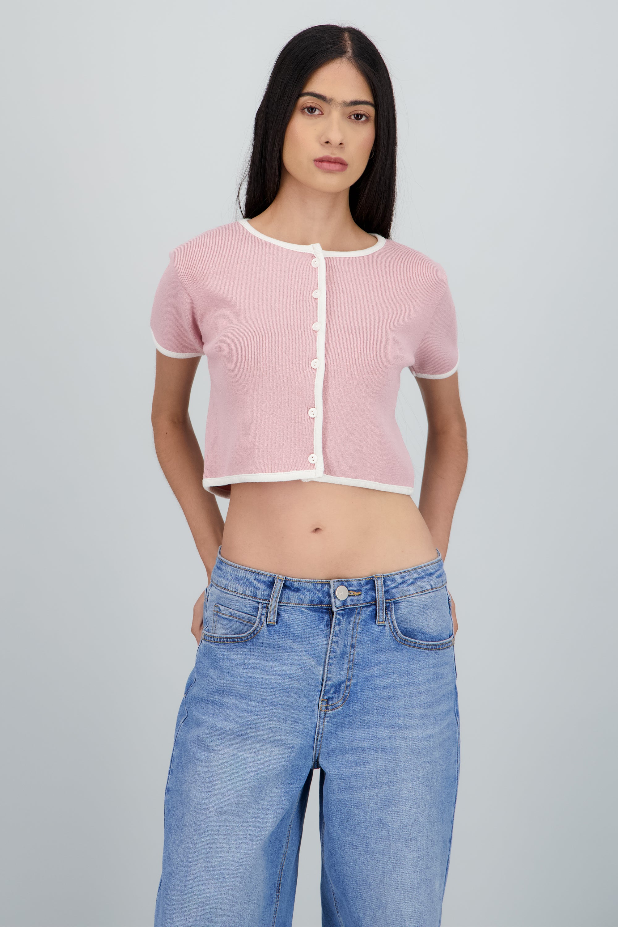 Top tejido manga corta contraste PALO DE ROSA