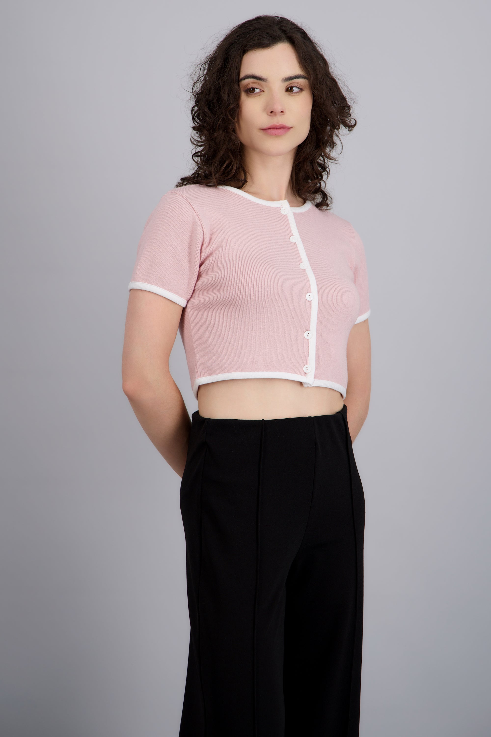 TOP TEJIDO M/C  CONTRASTE KNI ROSA PASTEL