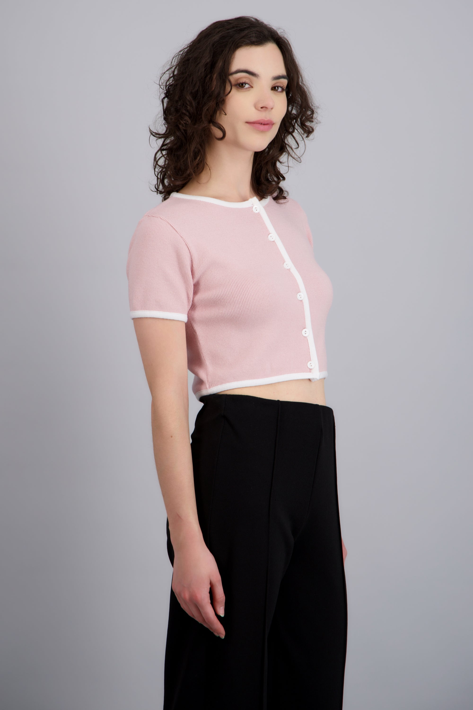 TOP TEJIDO M/C  CONTRASTE KNI ROSA PASTEL