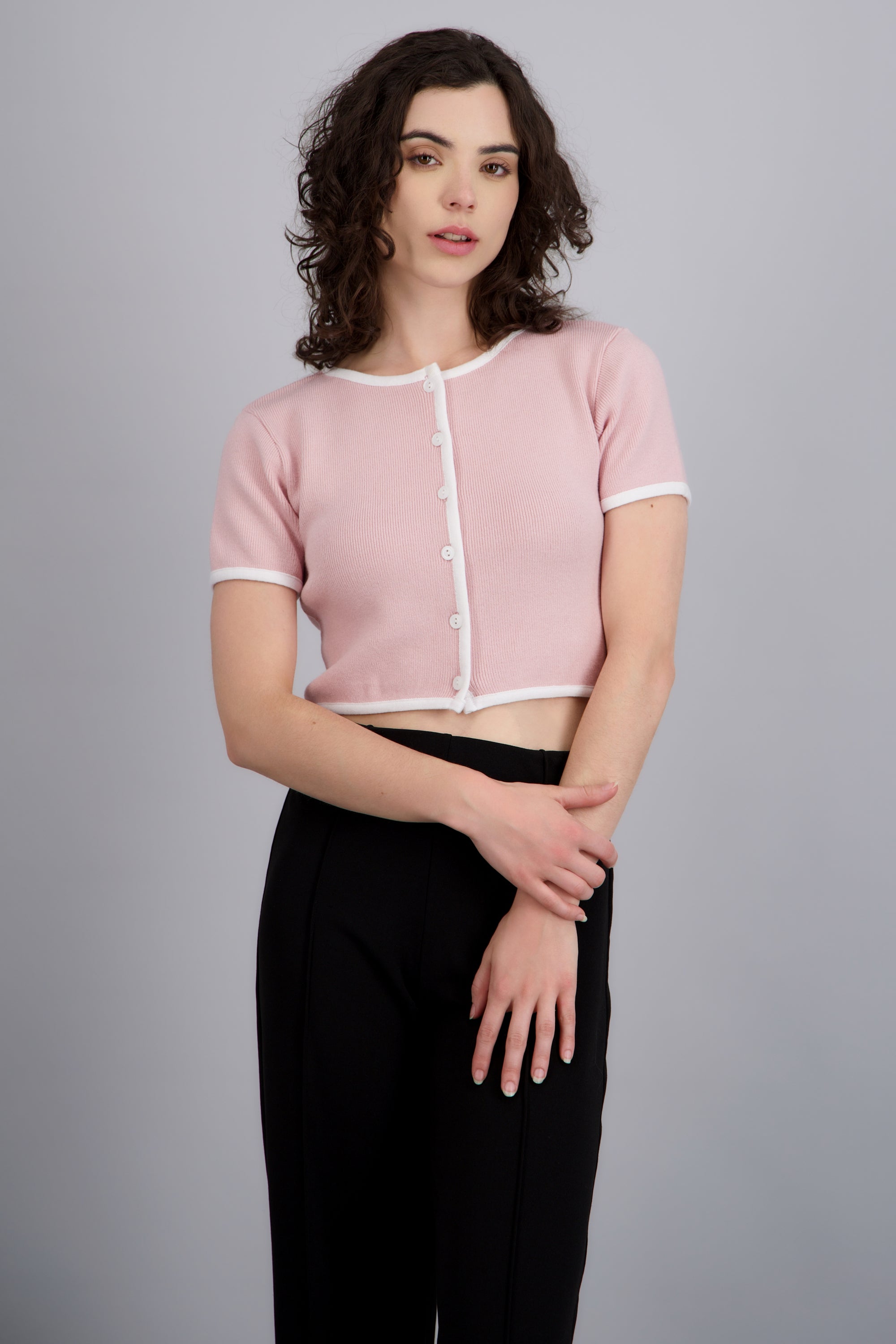 TOP TEJIDO M/C  CONTRASTE KNI ROSA PASTEL