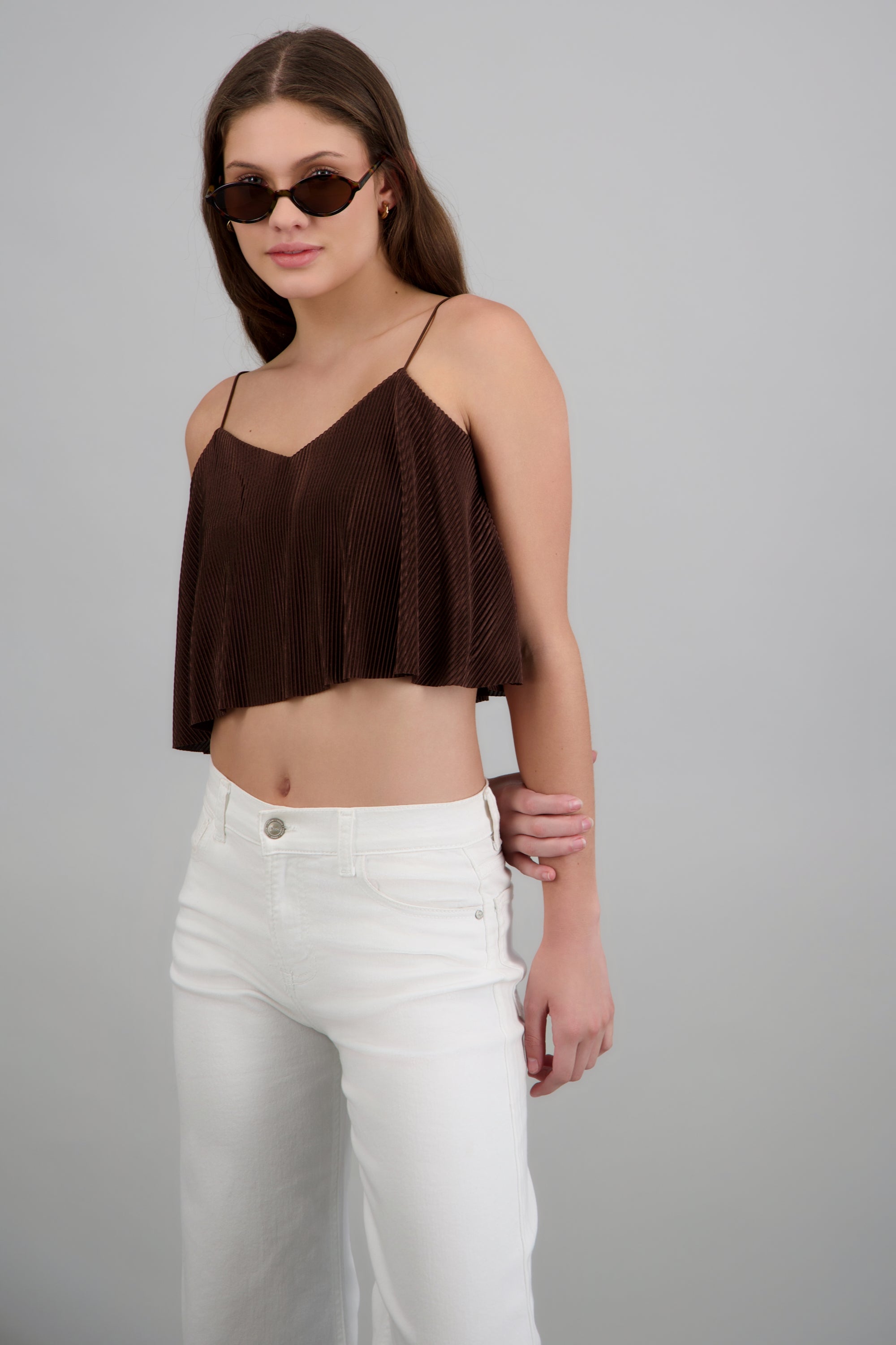 Top Crop Tejido Plisado Tirantes CHOCOLATE