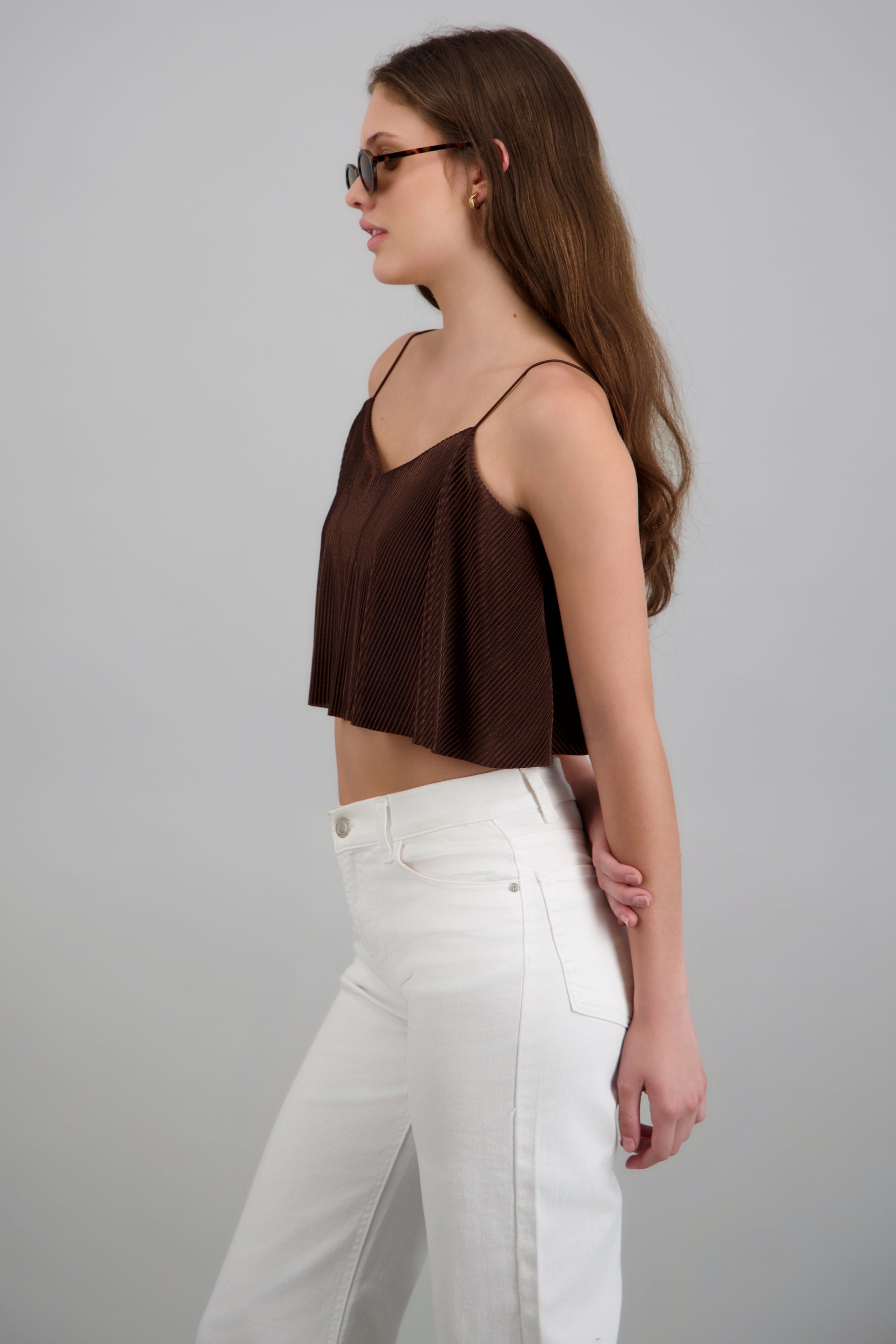 Top Crop Tejido Plisado Tirantes CHOCOLATE