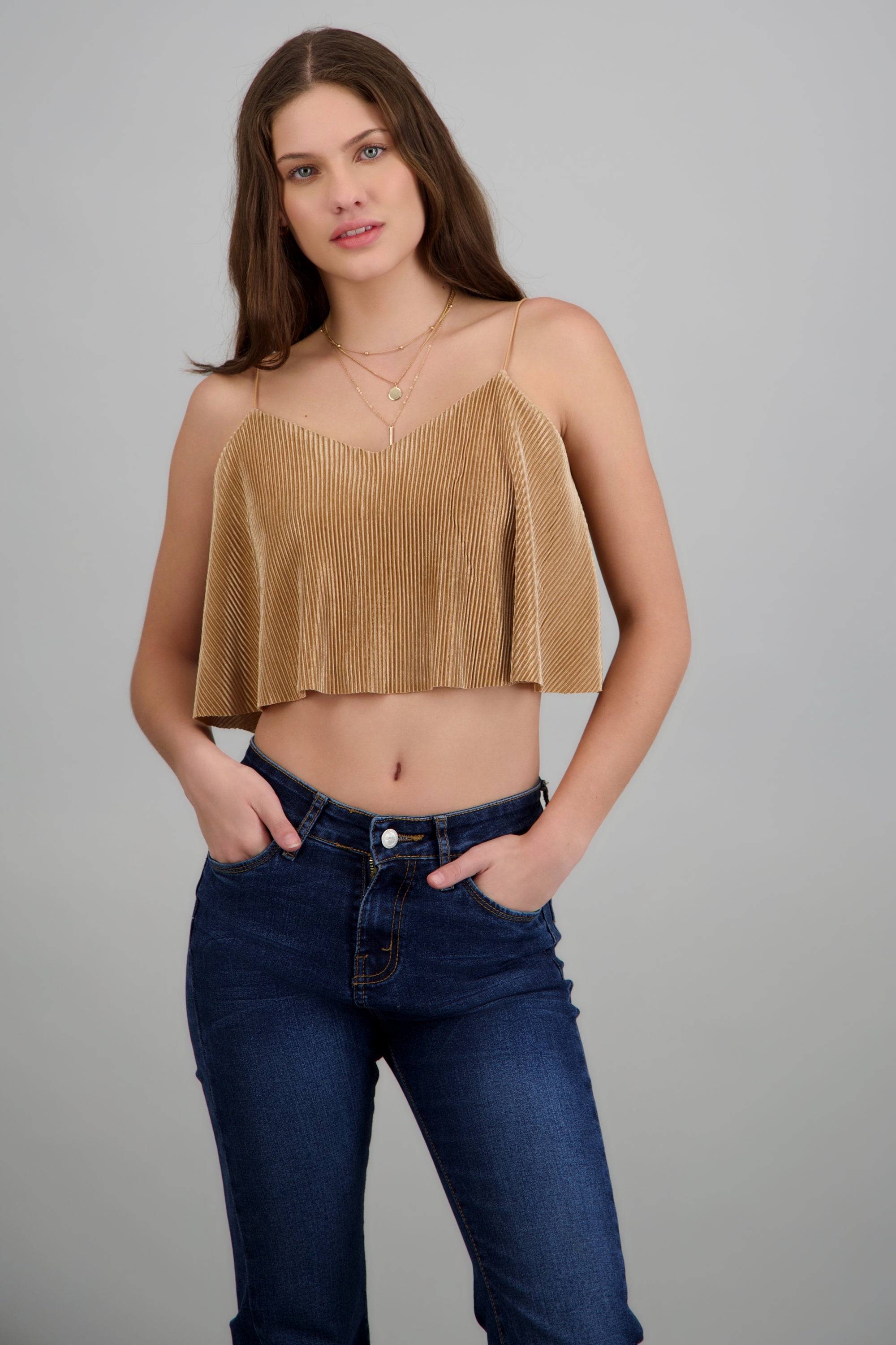 Top Crop Tejido Plisado Tirantes CAMELLO