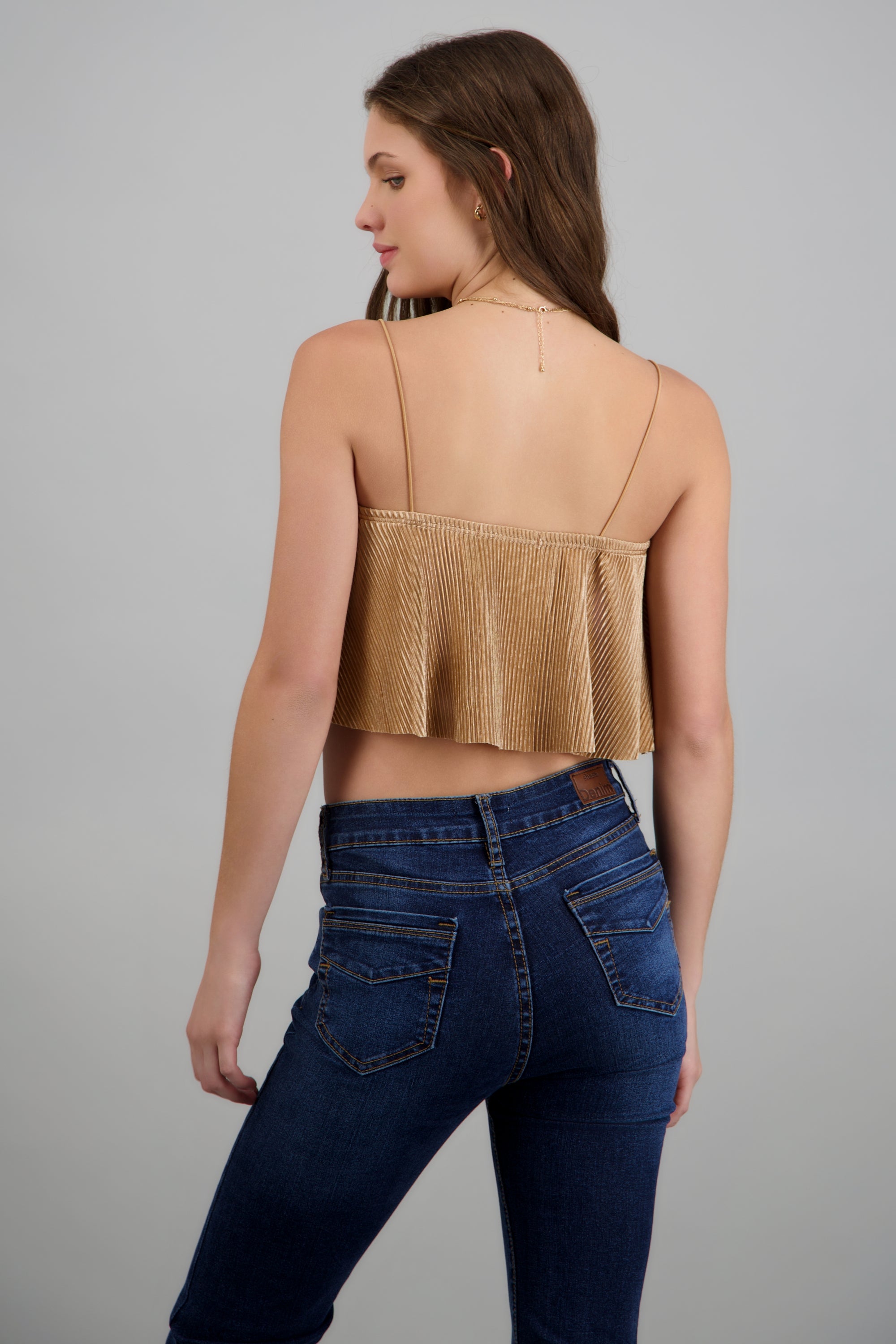 Top Crop Tejido Plisado Tirantes CAMELLO