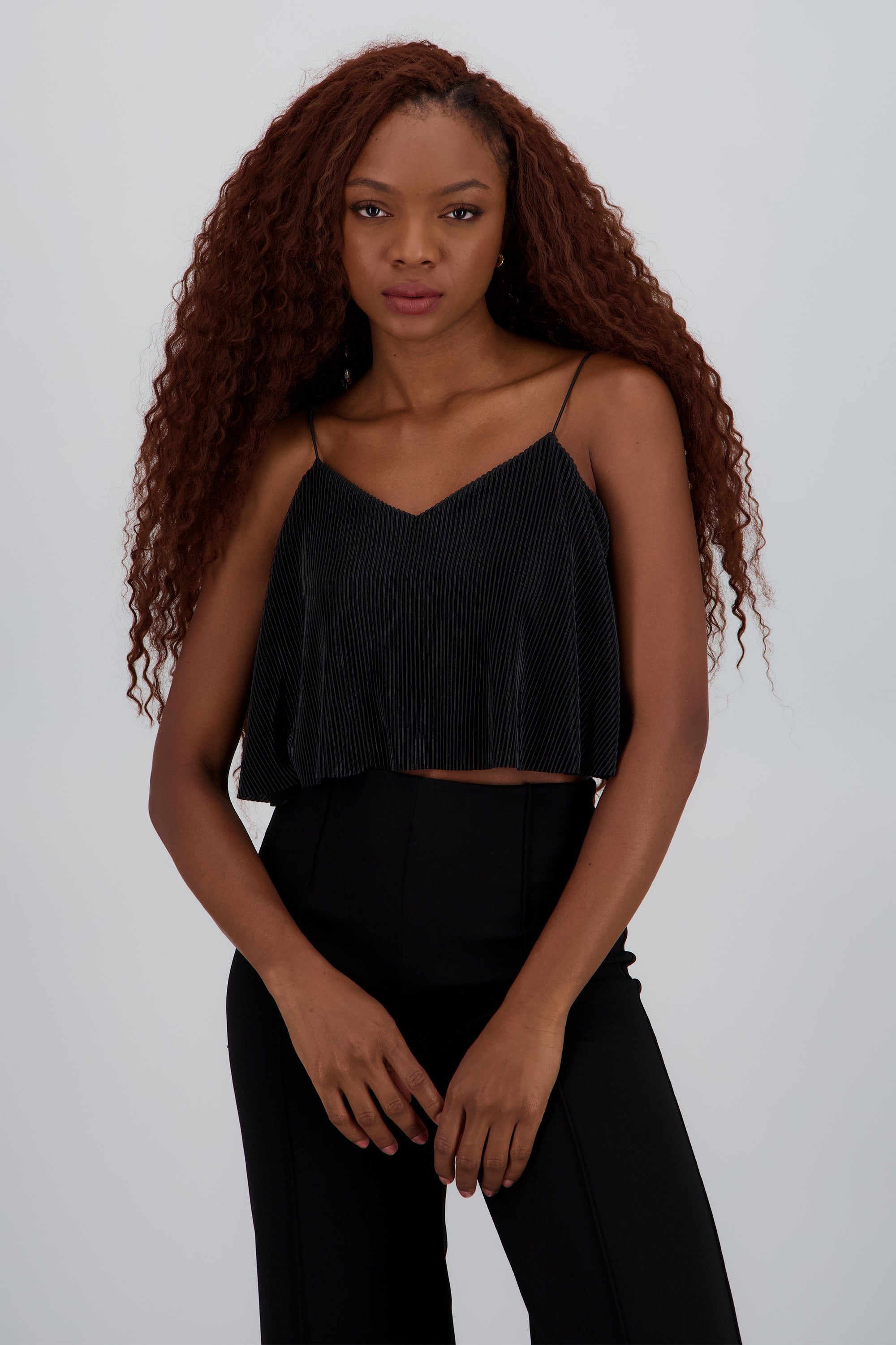 Top Crop Tejido Plisado Tirantes NEGRO