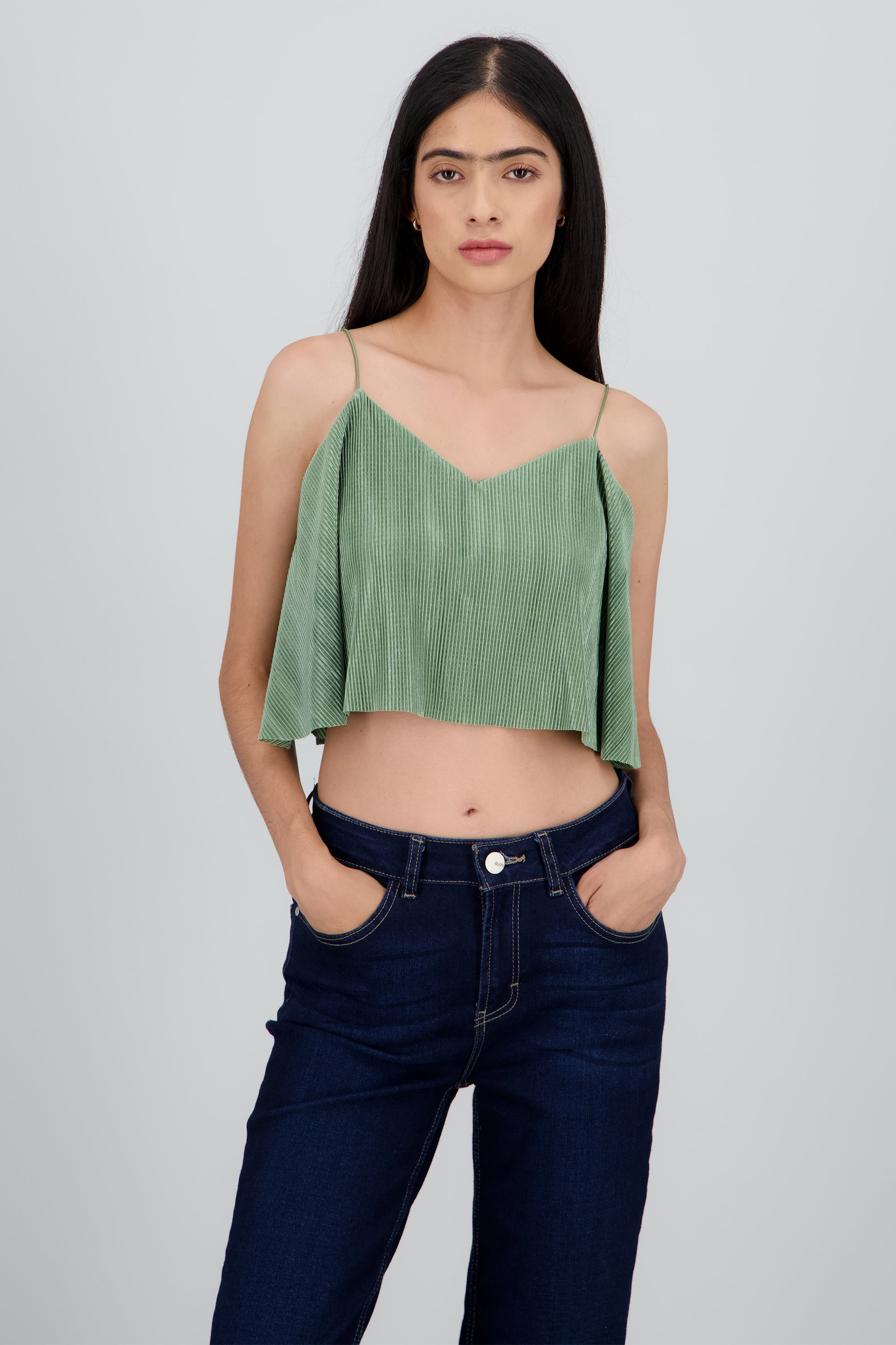 Top Crop Tejido Plisado Tirantes OLIVO