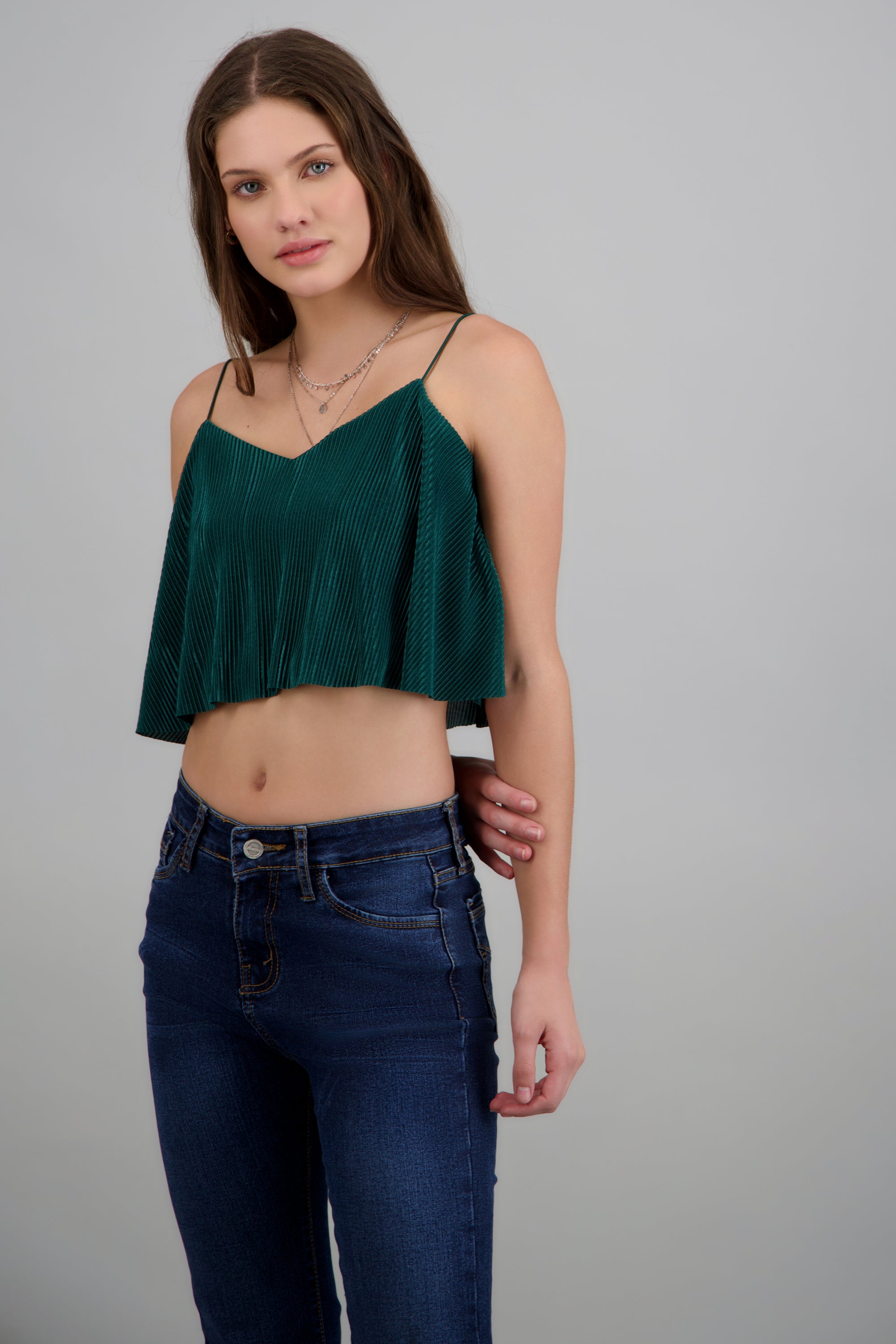 Top Crop Tejido Plisado Tirantes VERDE CAZADOR