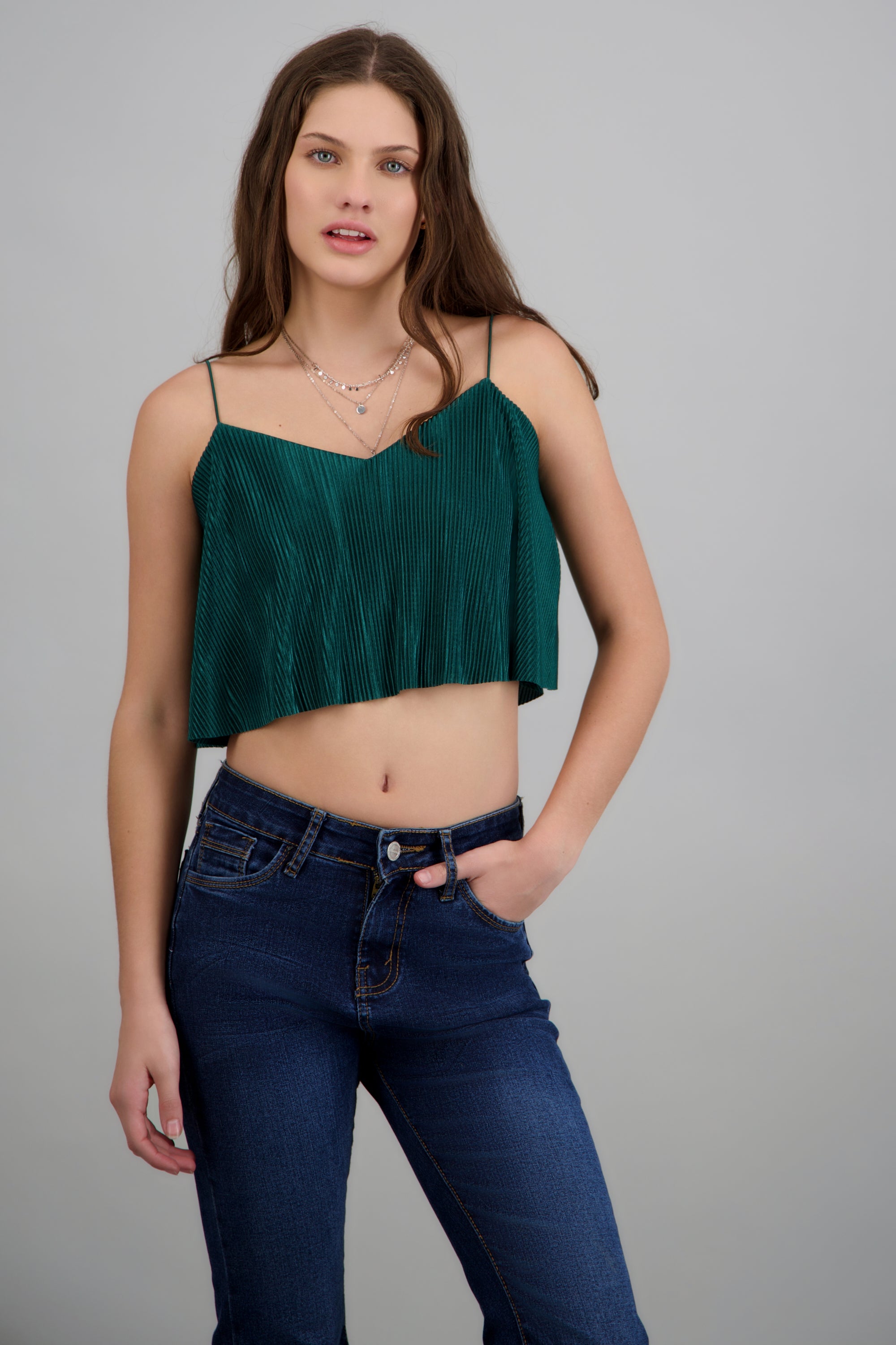 Top Crop Tejido Plisado Tirantes VERDE CAZADOR