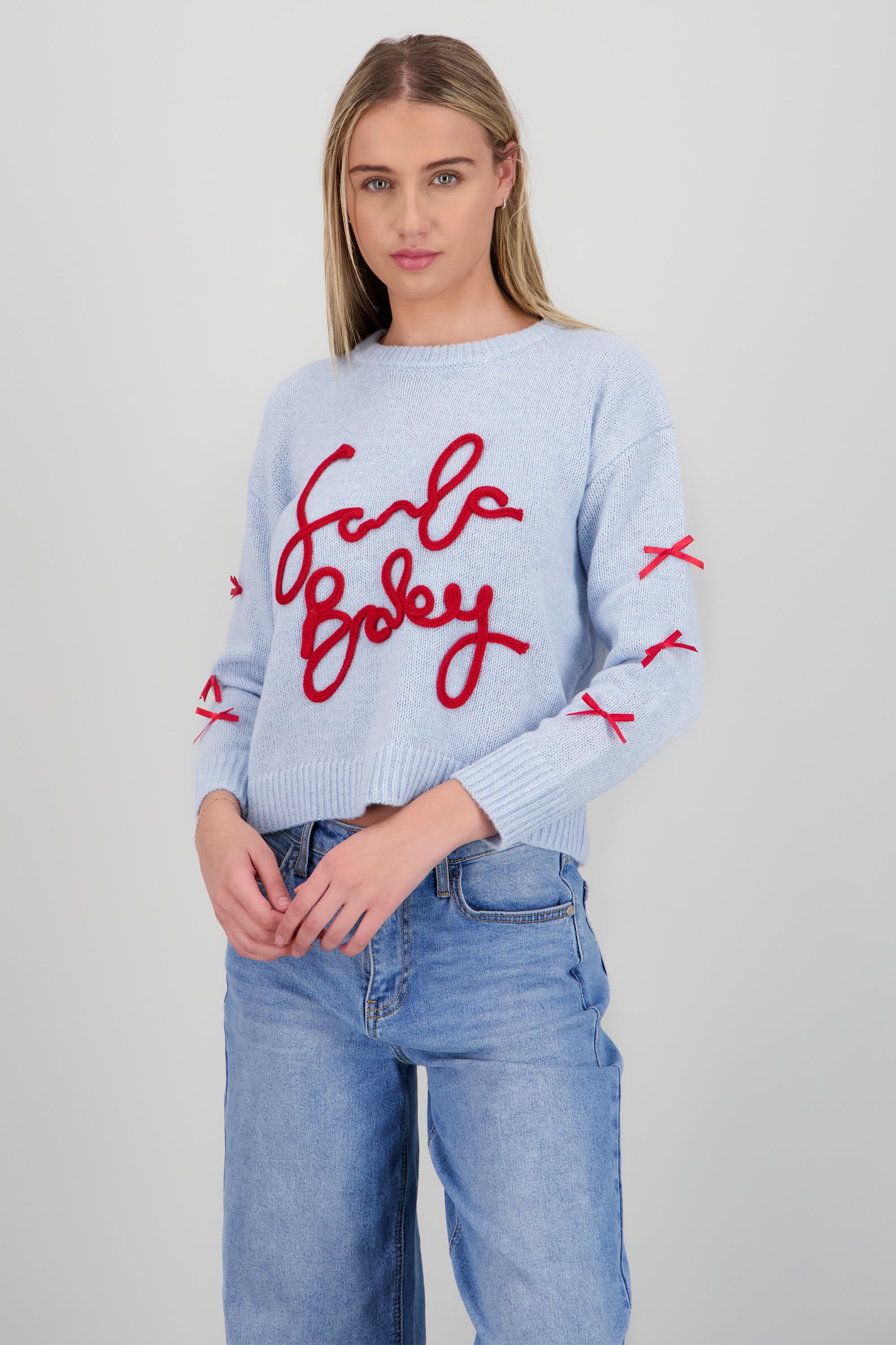 Sueter Santa Baby con moños AZUL CIELO
