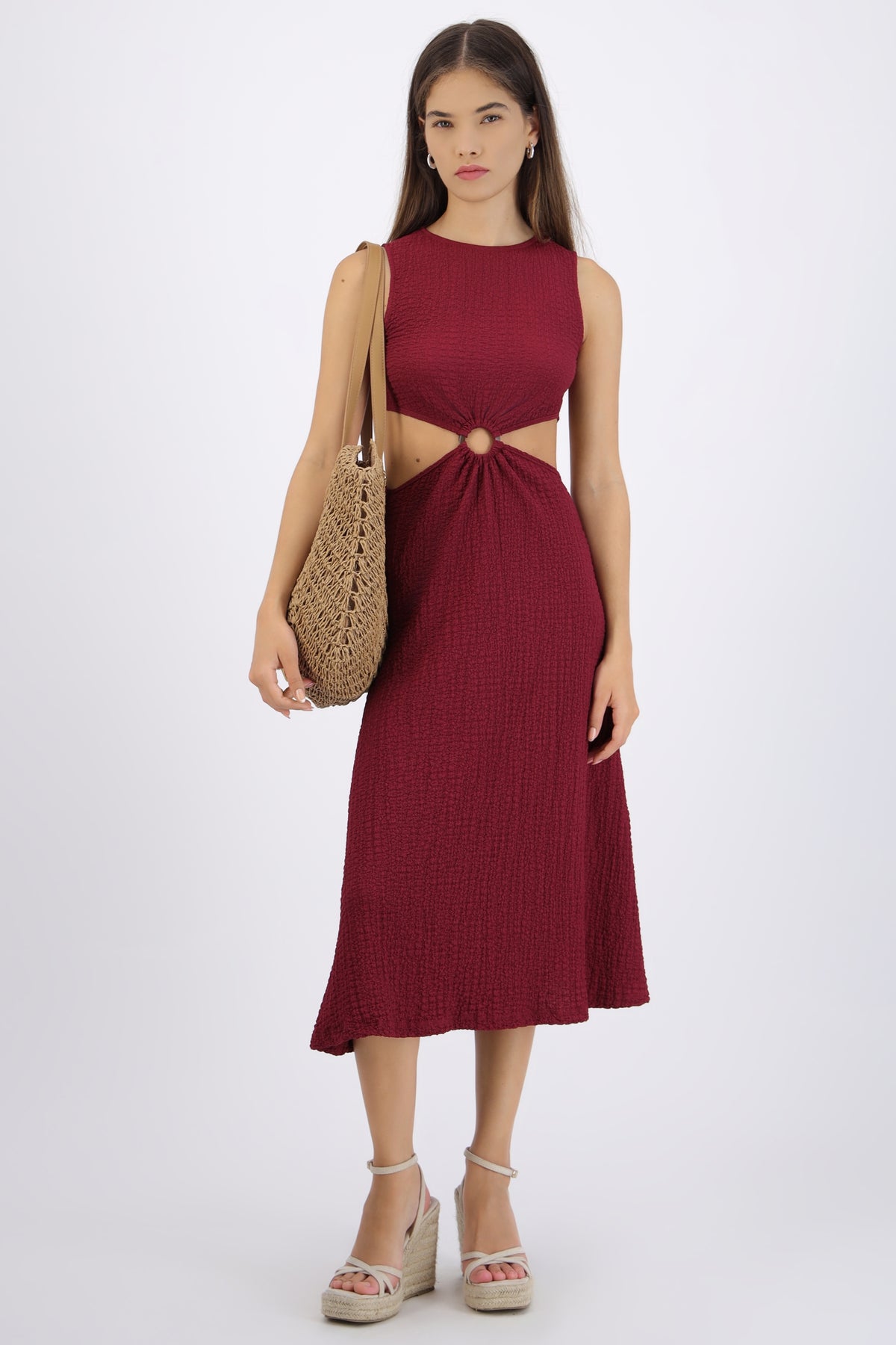 Vestido midi textura aro CIRUELA