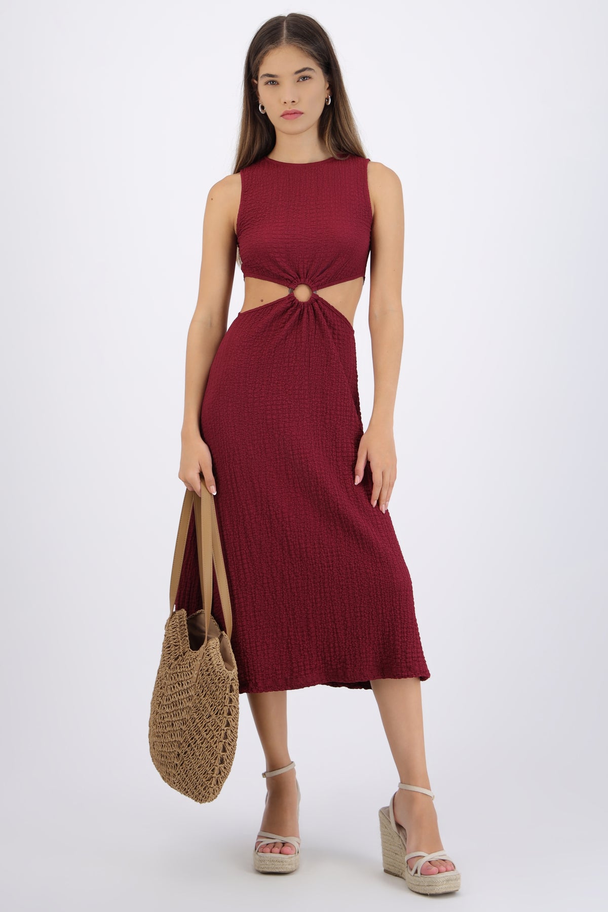 Vestido midi textura aro CIRUELA