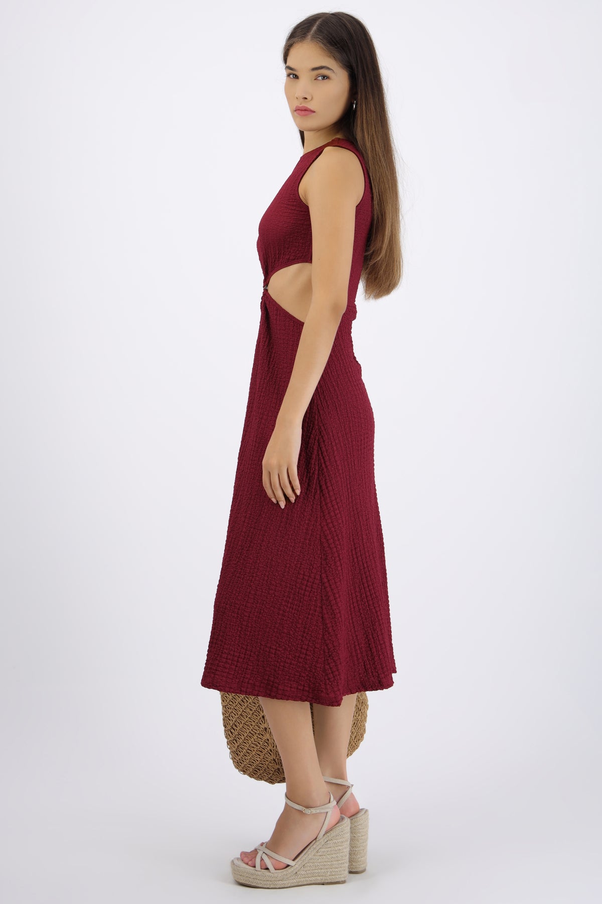 Vestido midi textura aro CIRUELA