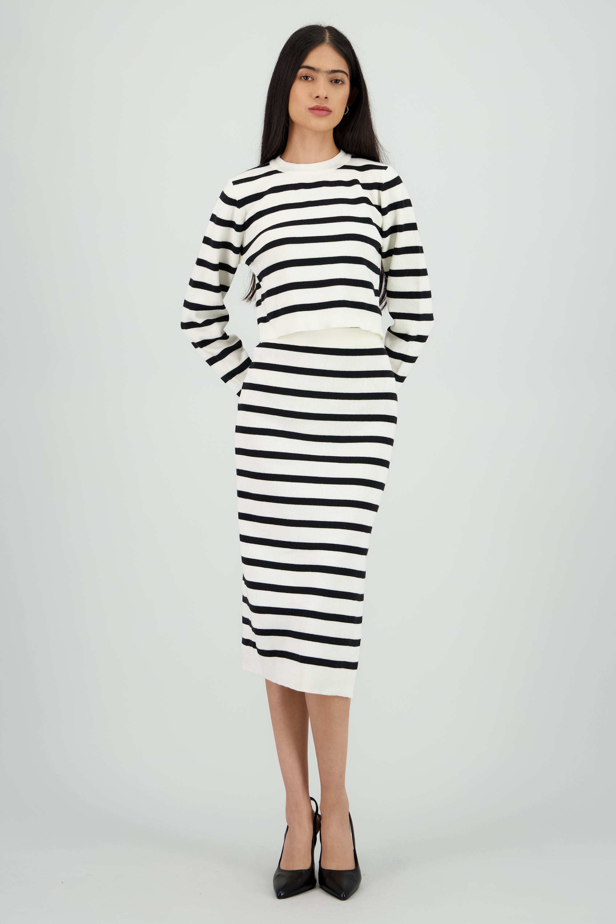 Falda midi rayas detalle abertura BLANCO COMBO
