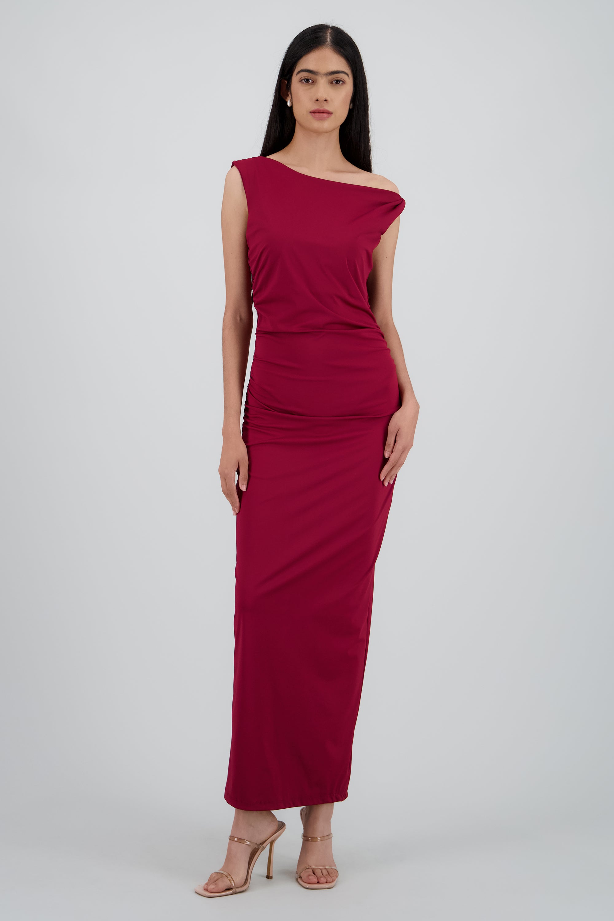 Vestido maxi sin mangas drapeado CIRUELA