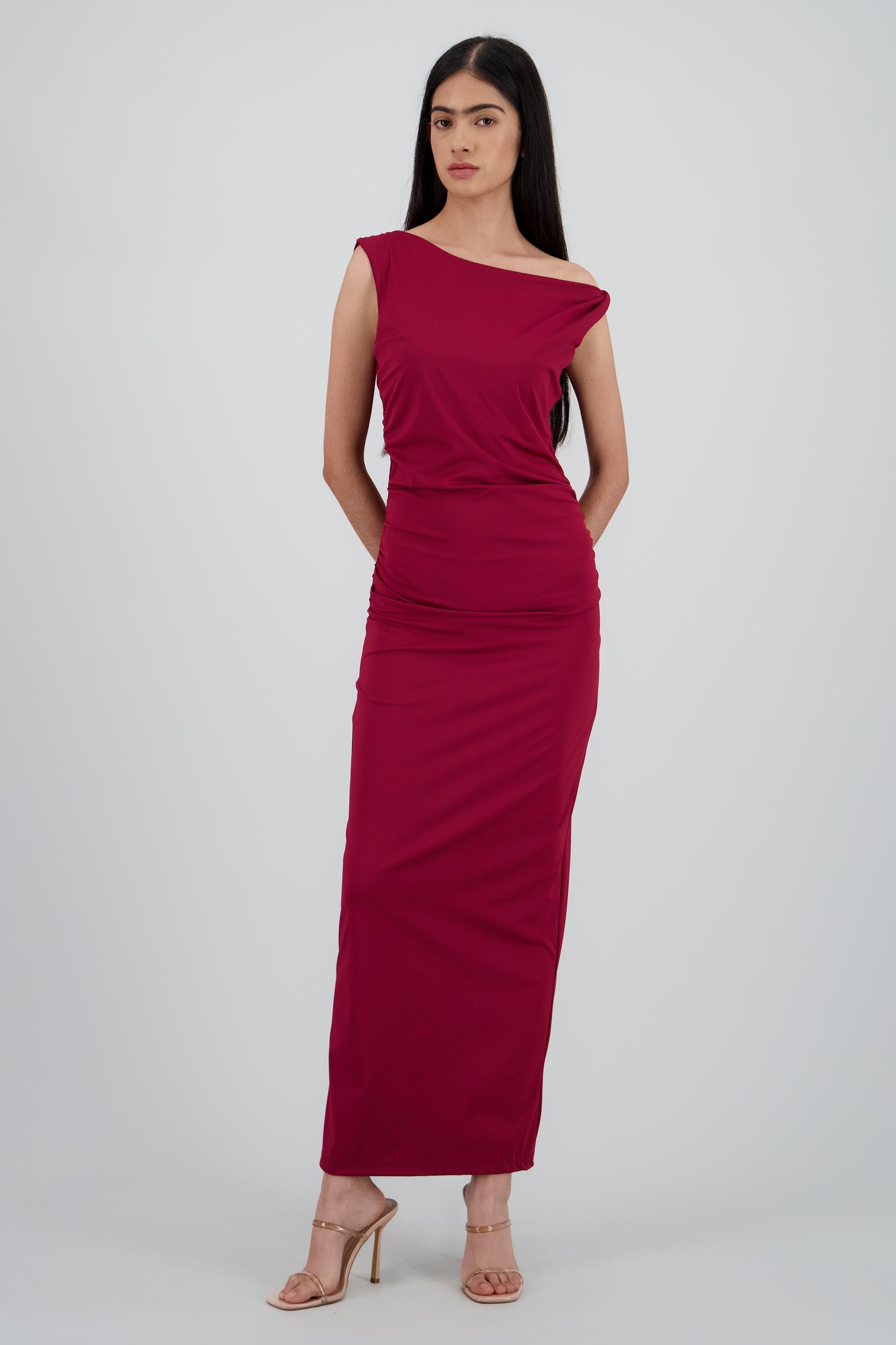 Vestido maxi sin mangas drapeado CIRUELA