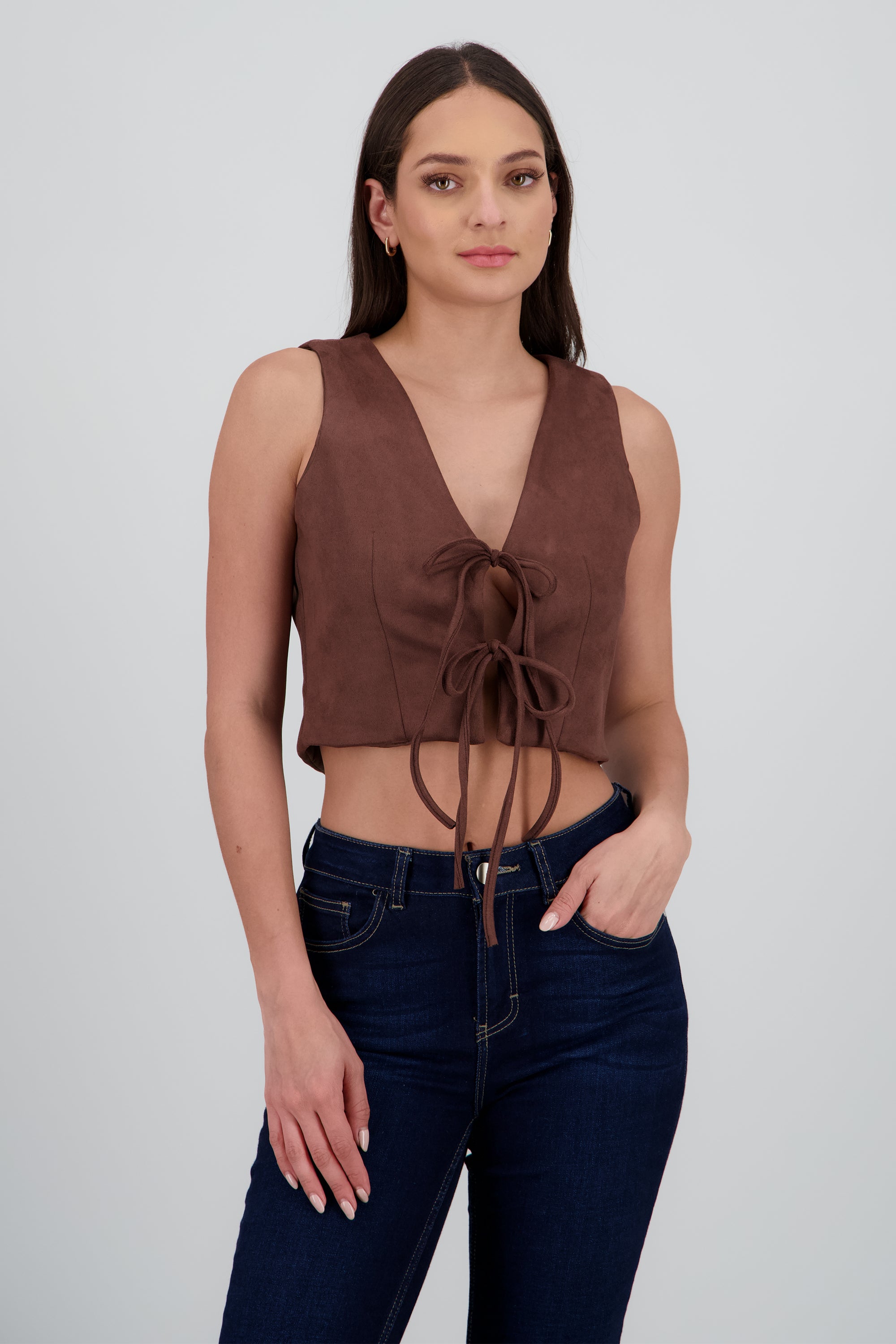 Chaleco suede detalle amarre moños CHOCOLATE