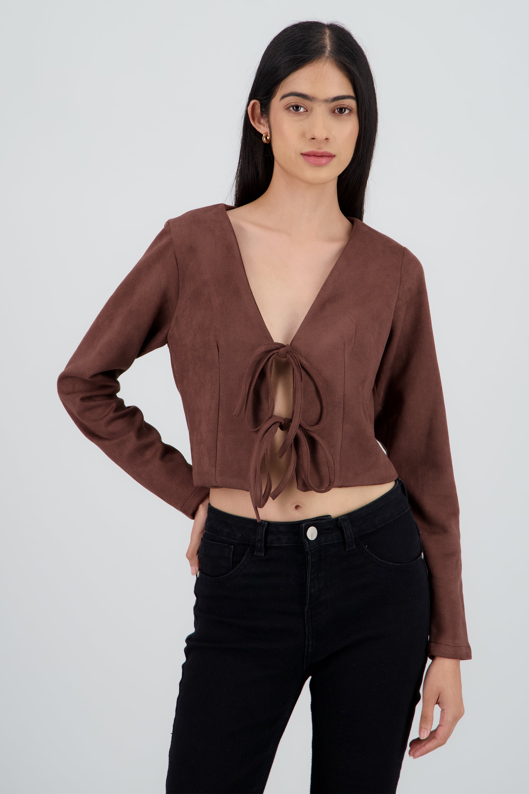 Saco crop detalle amarre moños CHOCOLATE