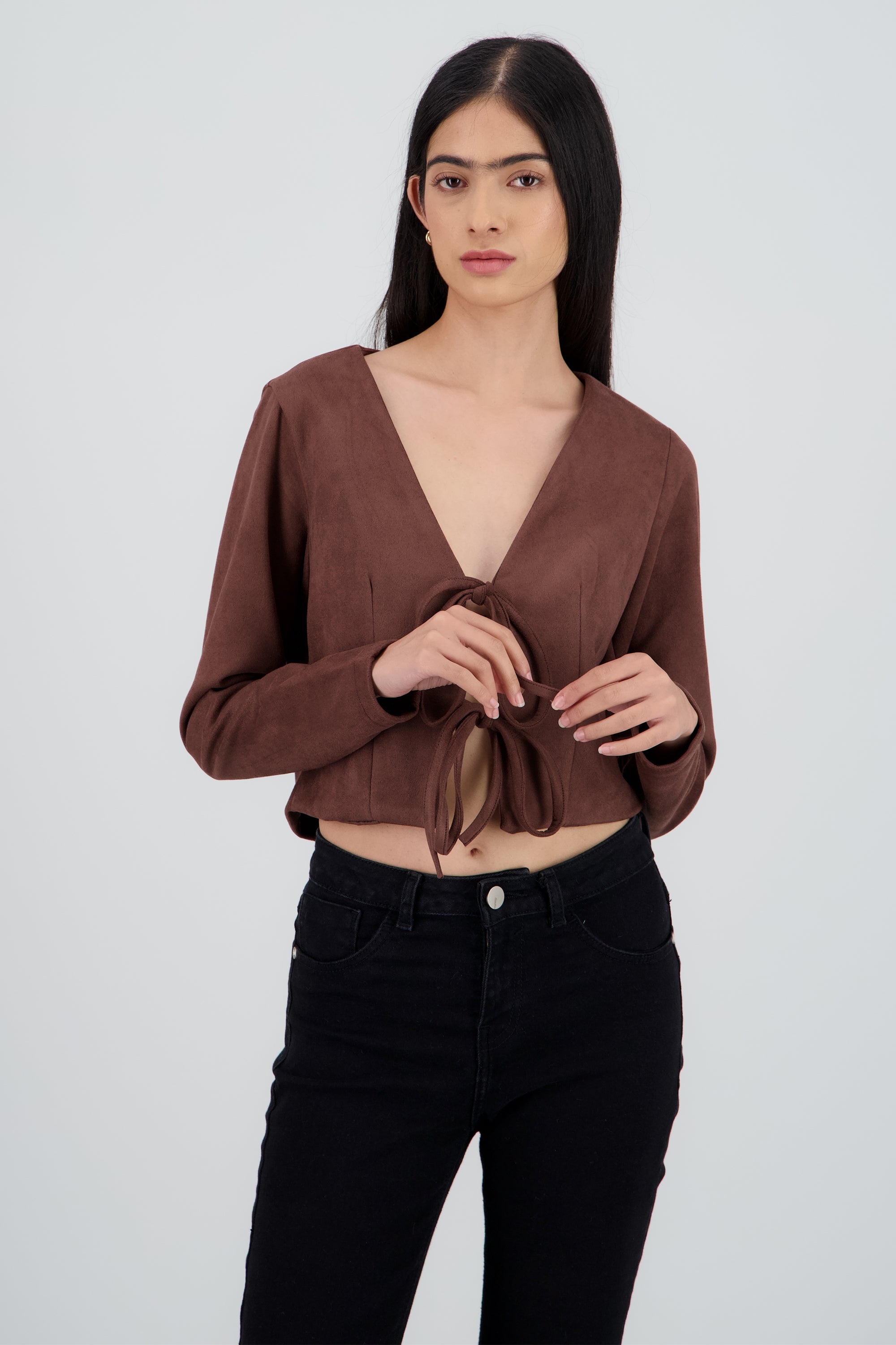 Saco crop detalle amarre moños CHOCOLATE