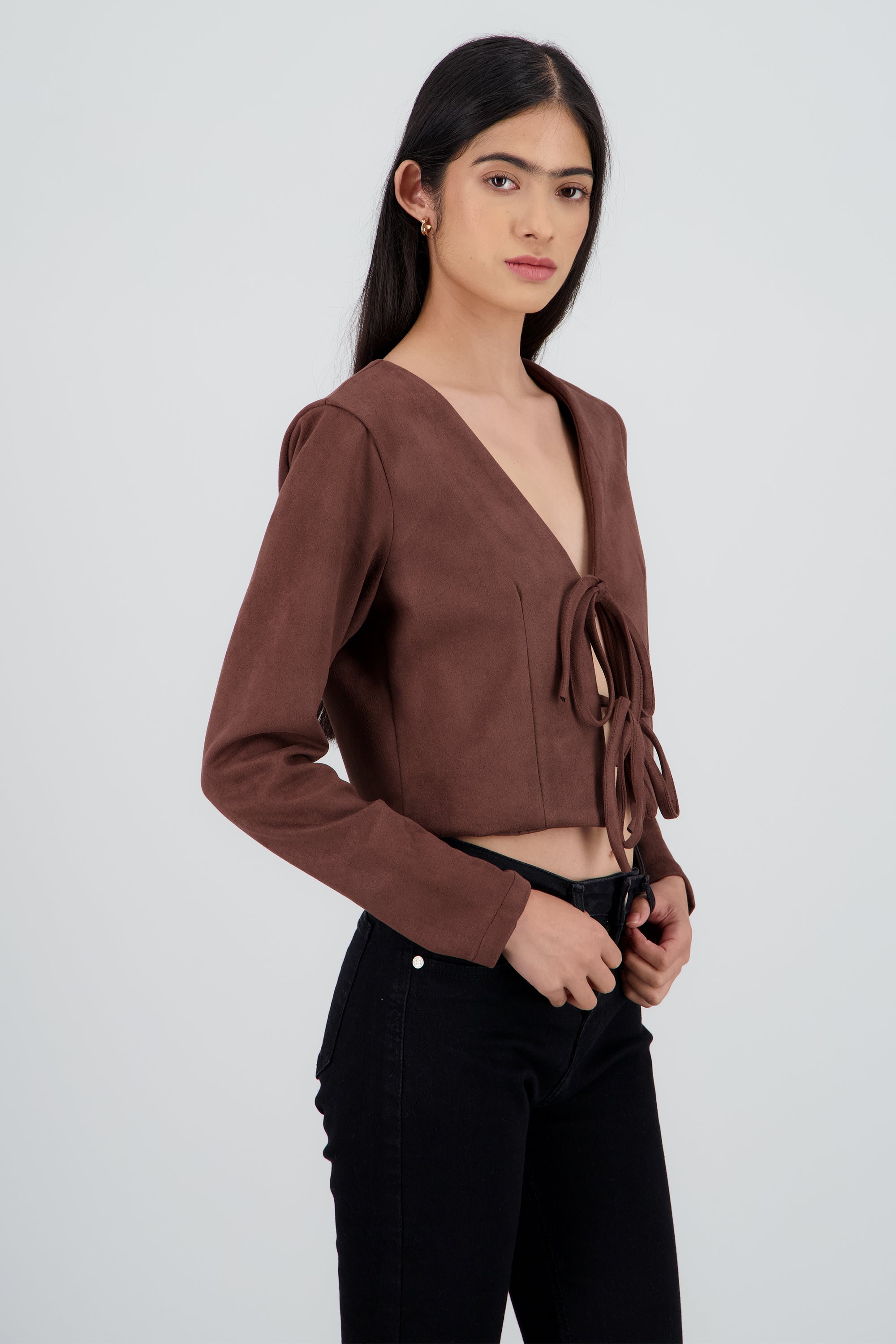 Saco crop detalle amarre moños CHOCOLATE