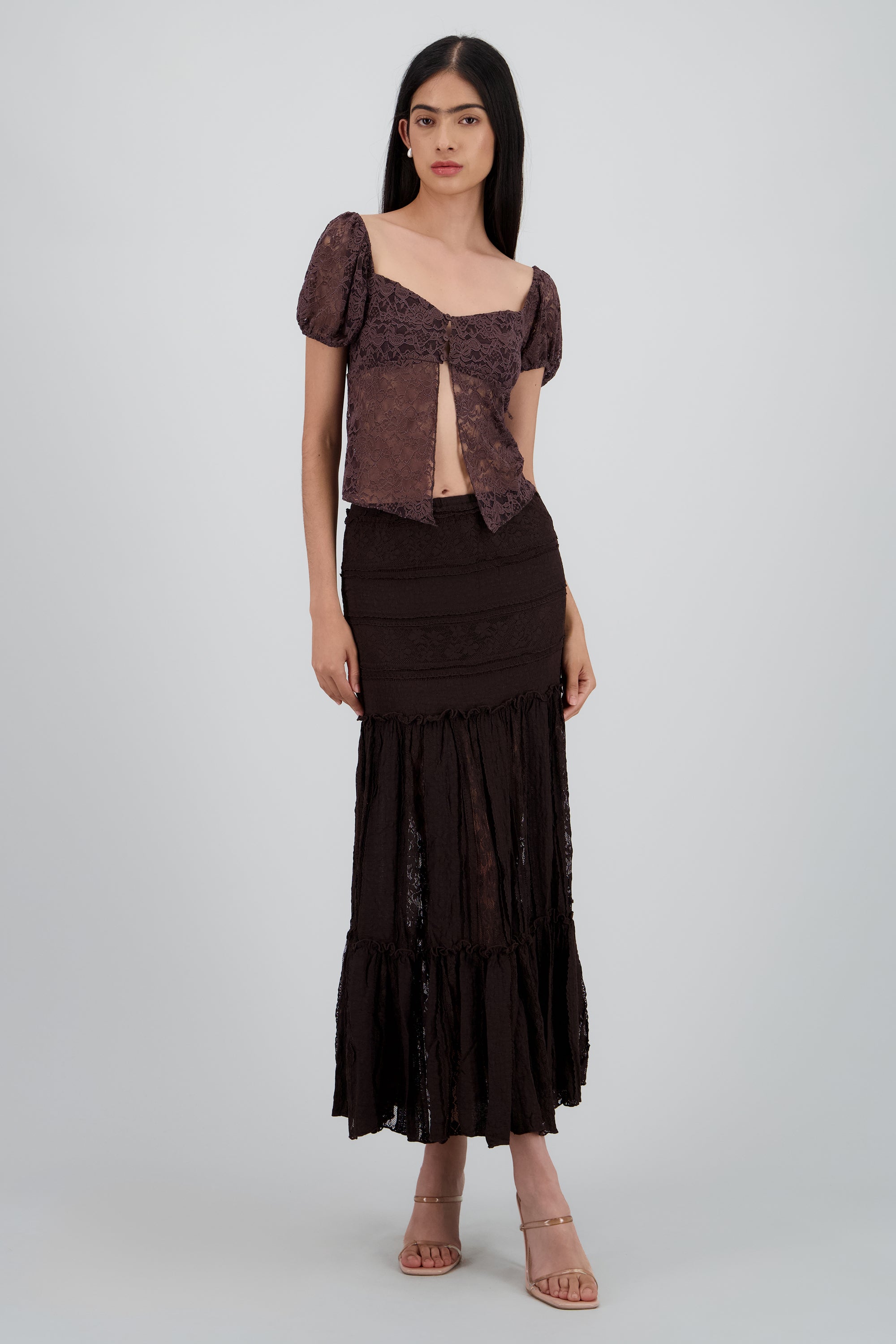 FALDA MIDI TEXTURA CAFE