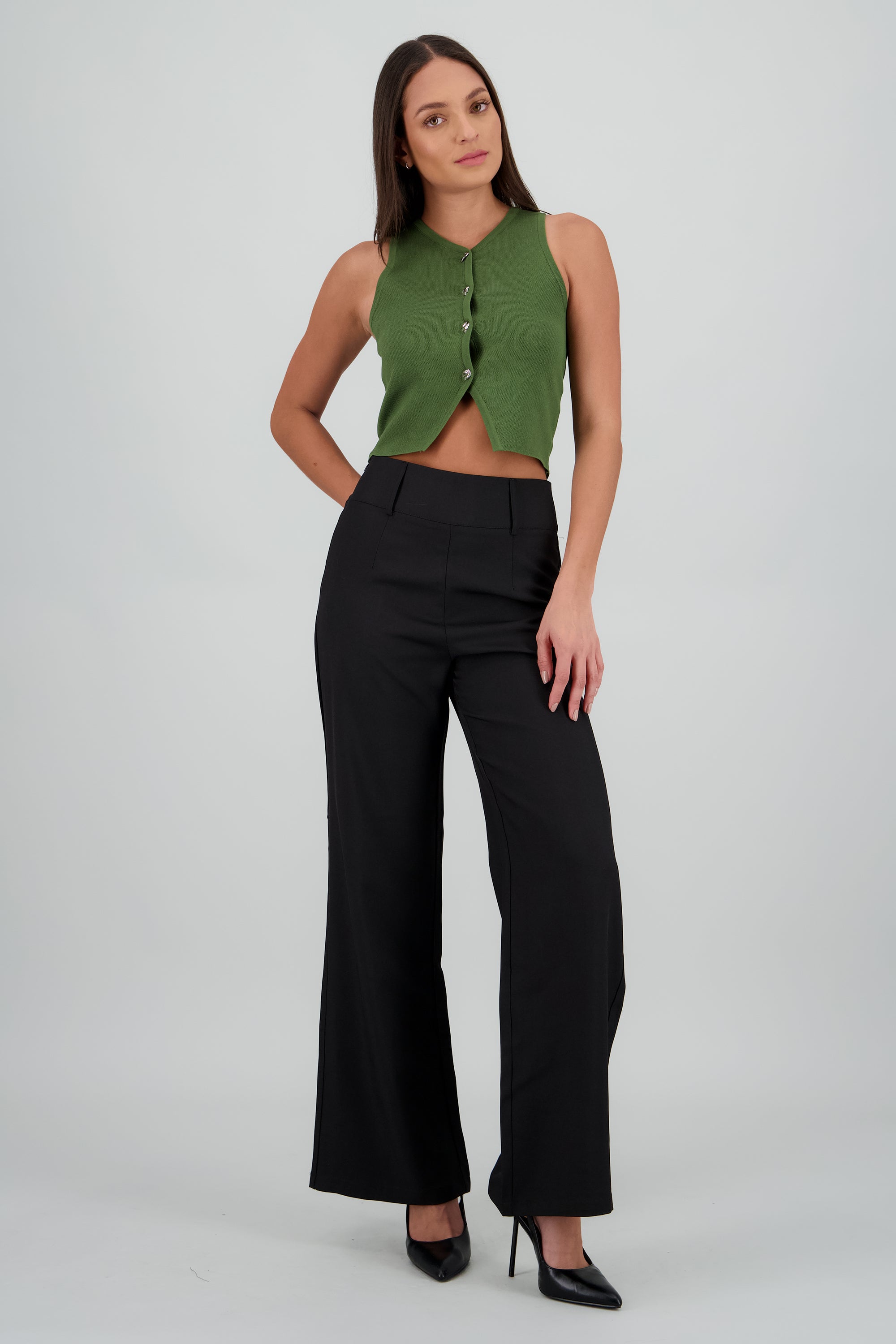 Pantalon flare liso detalle pretina ancha NEGRO