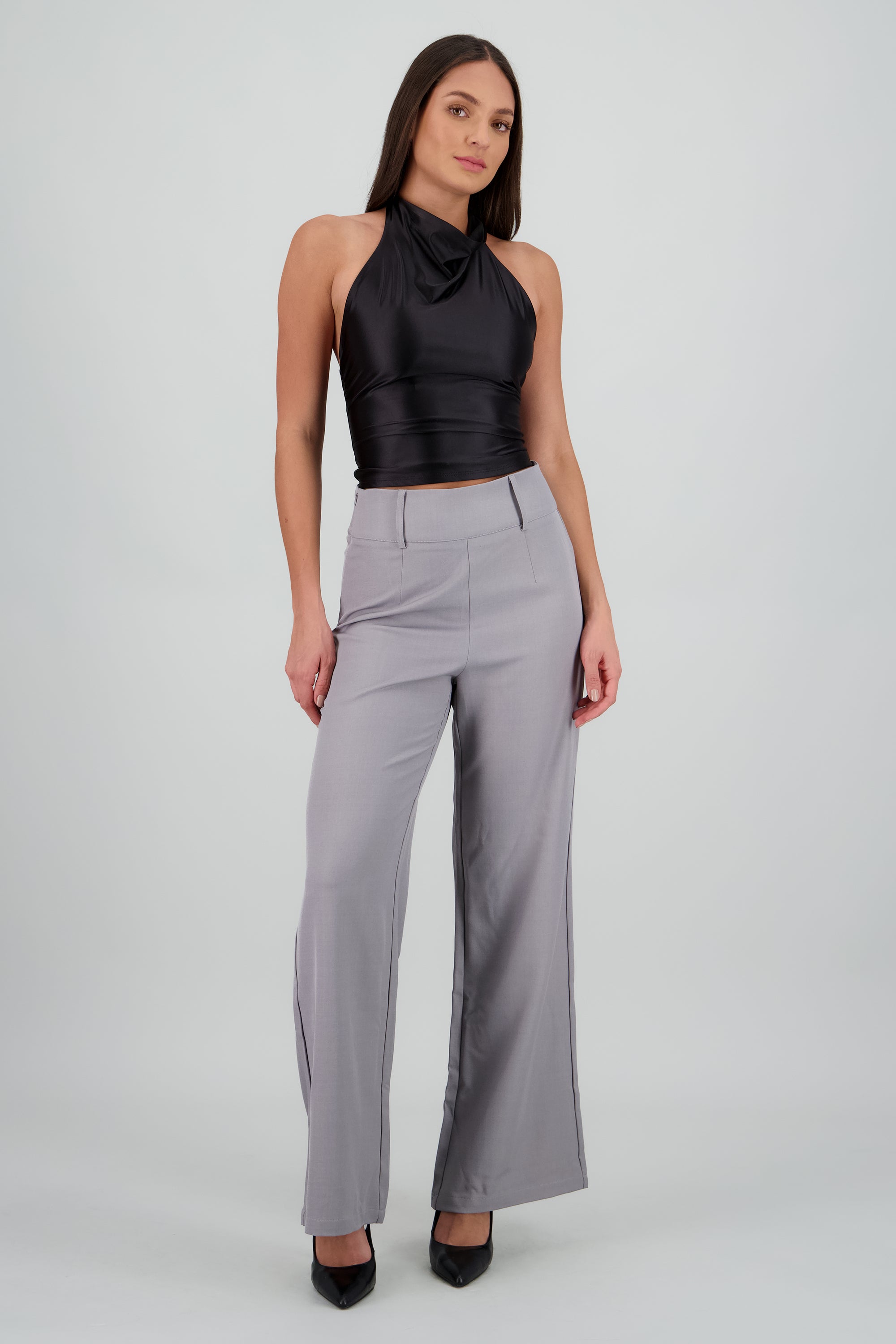 Pantalon flare liso detalle pretina ancha GRIS JASPE