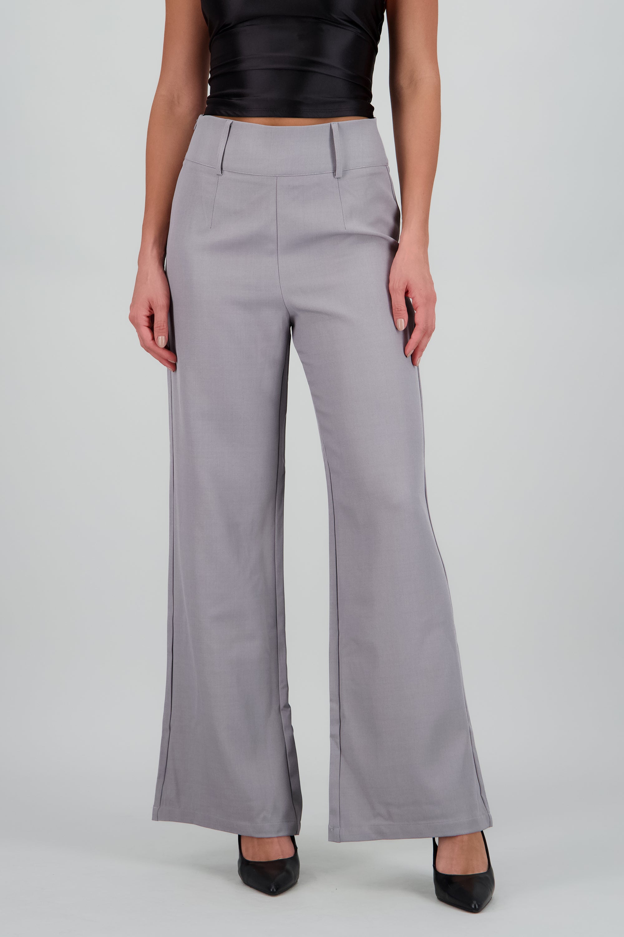 Pantalon flare liso detalle pretina ancha GRIS JASPE