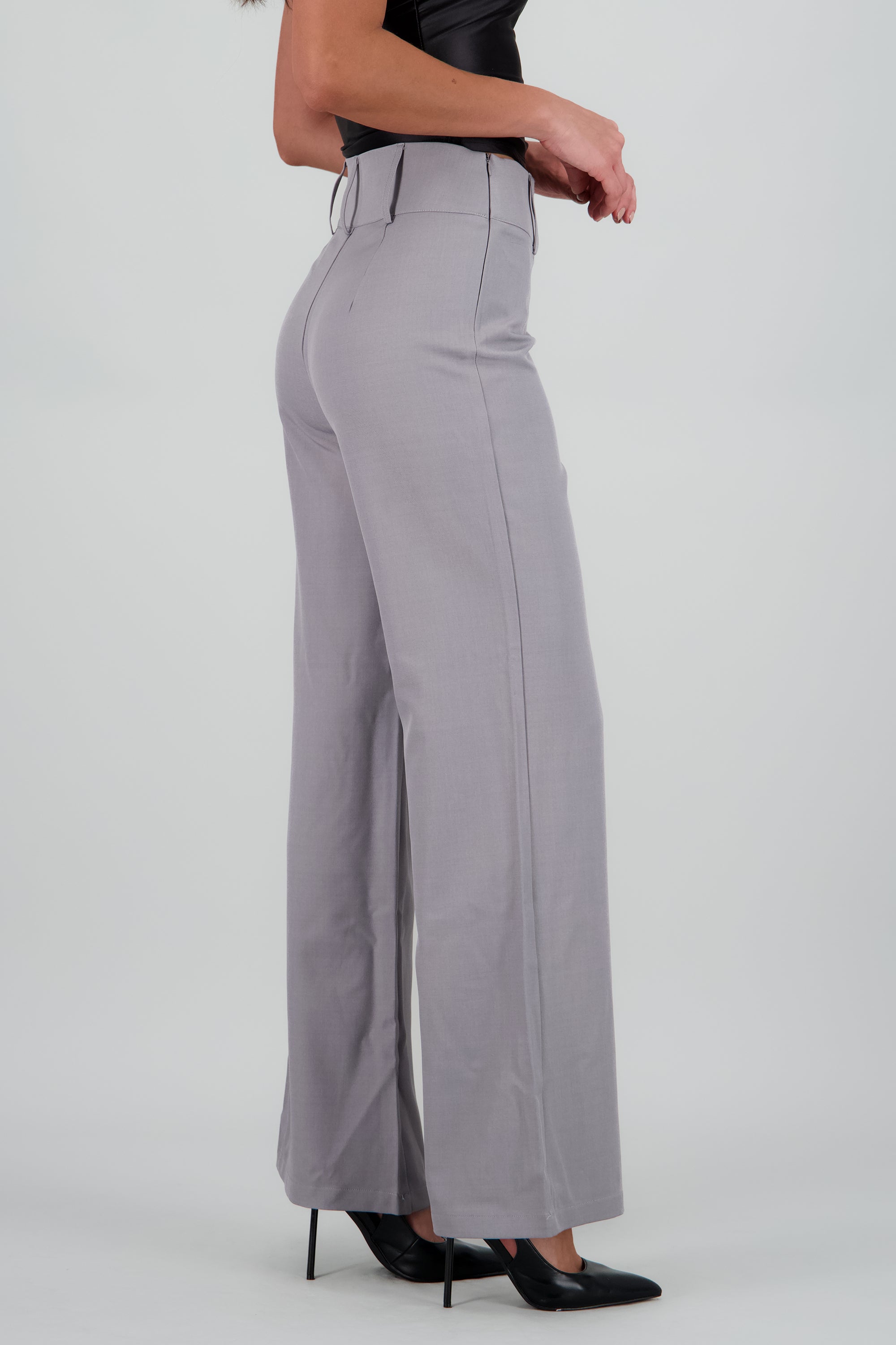 Pantalon flare liso detalle pretina ancha GRIS JASPE
