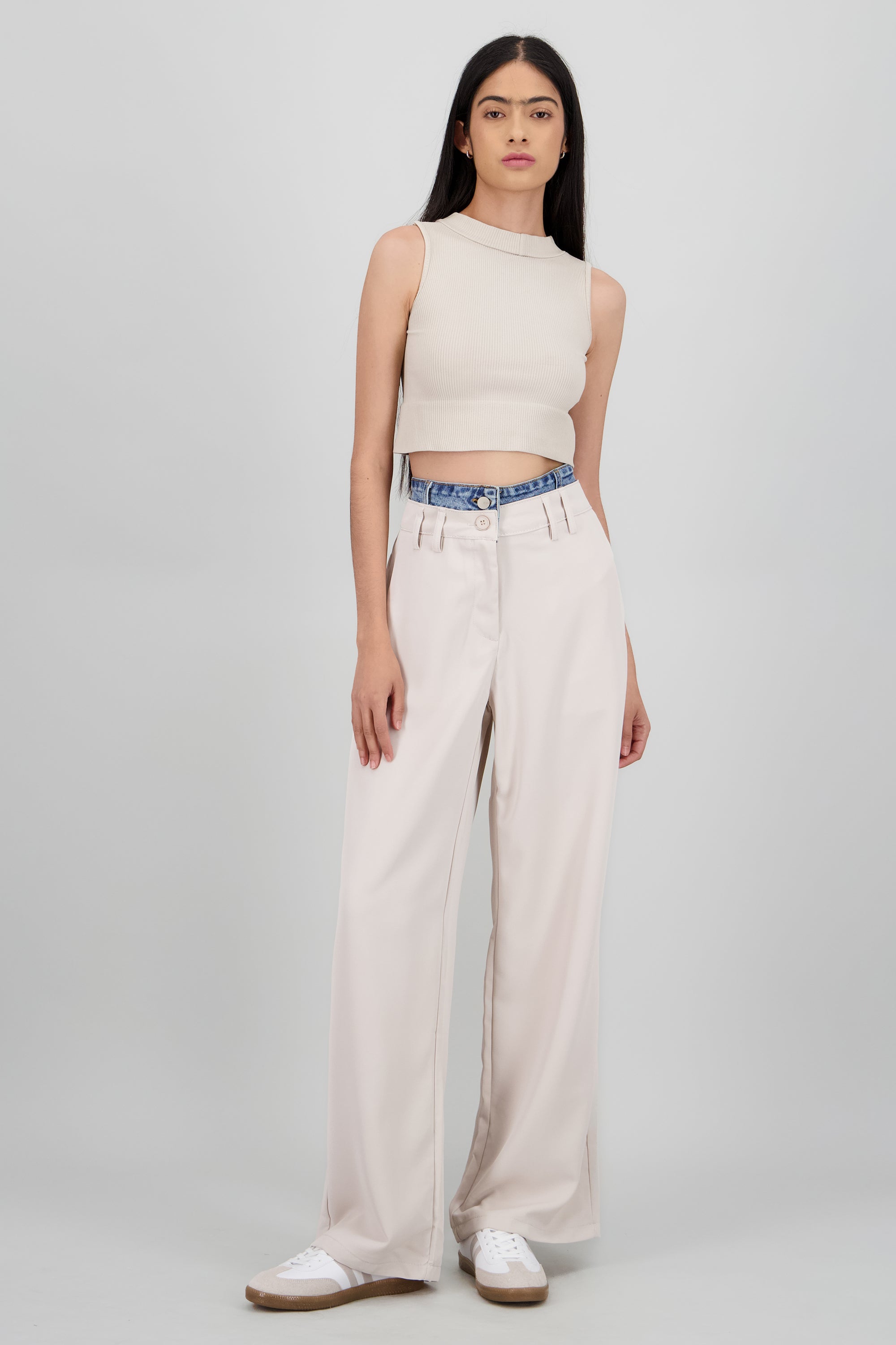 Pantalon liso doble pretina HUESO