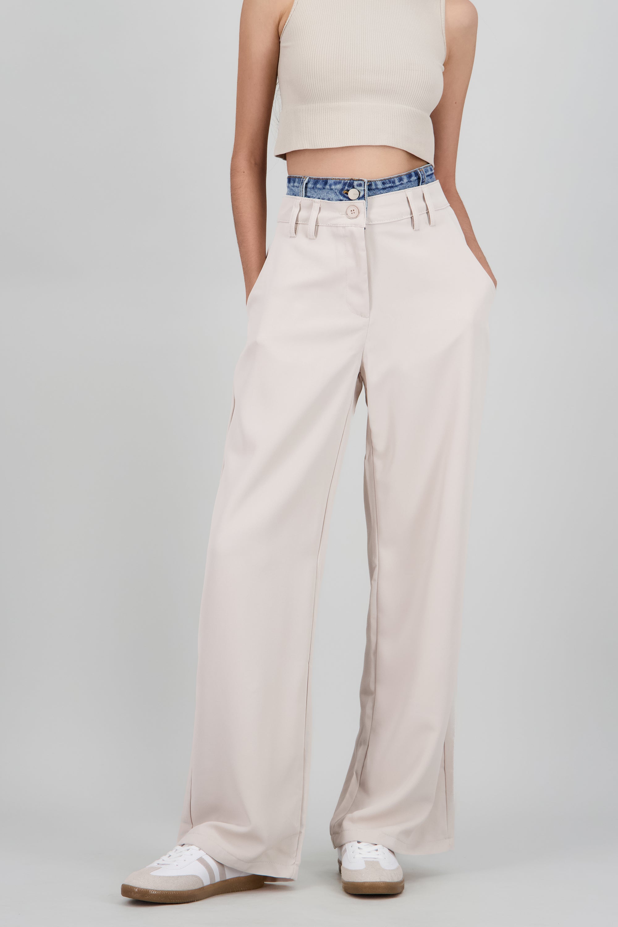 Pantalon liso doble pretina HUESO