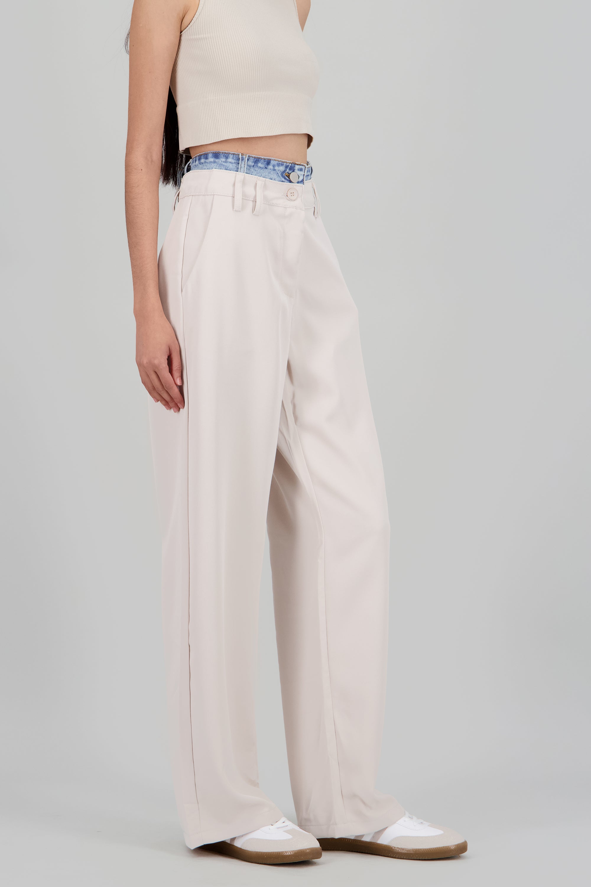 Pantalon liso doble pretina HUESO