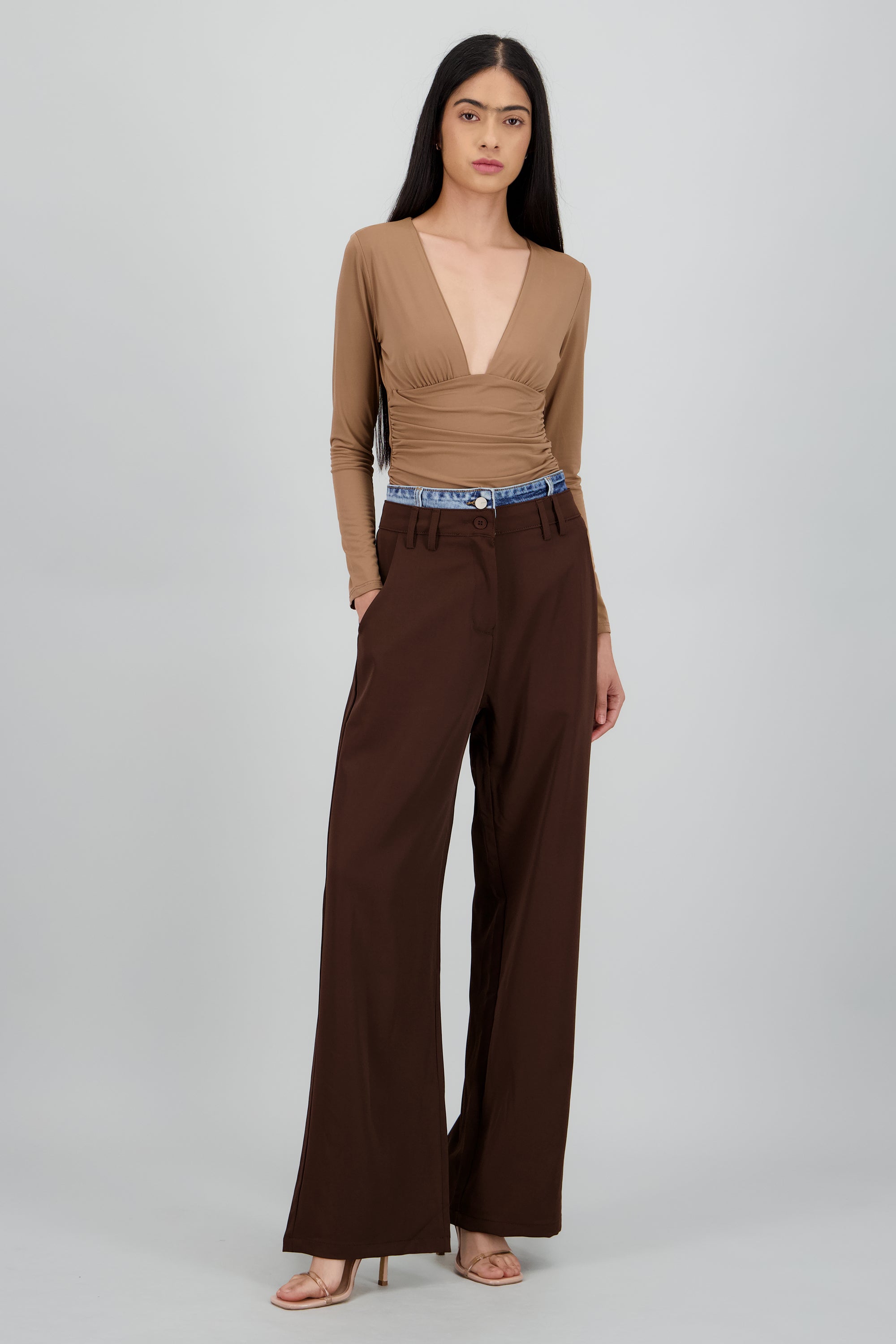 Pantalon liso doble pretina CHOCOLATE