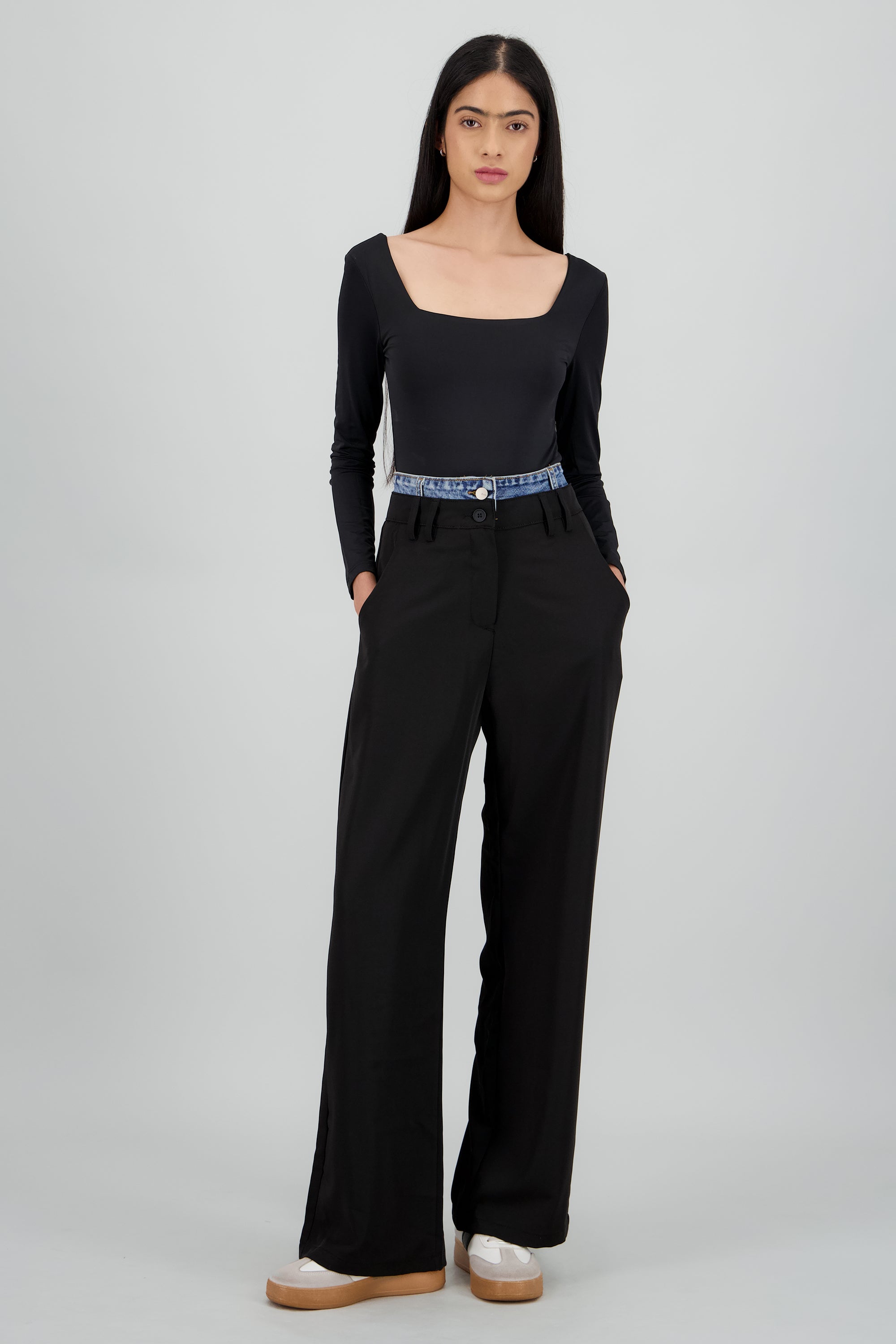 Pantalon liso doble pretina NEGRO