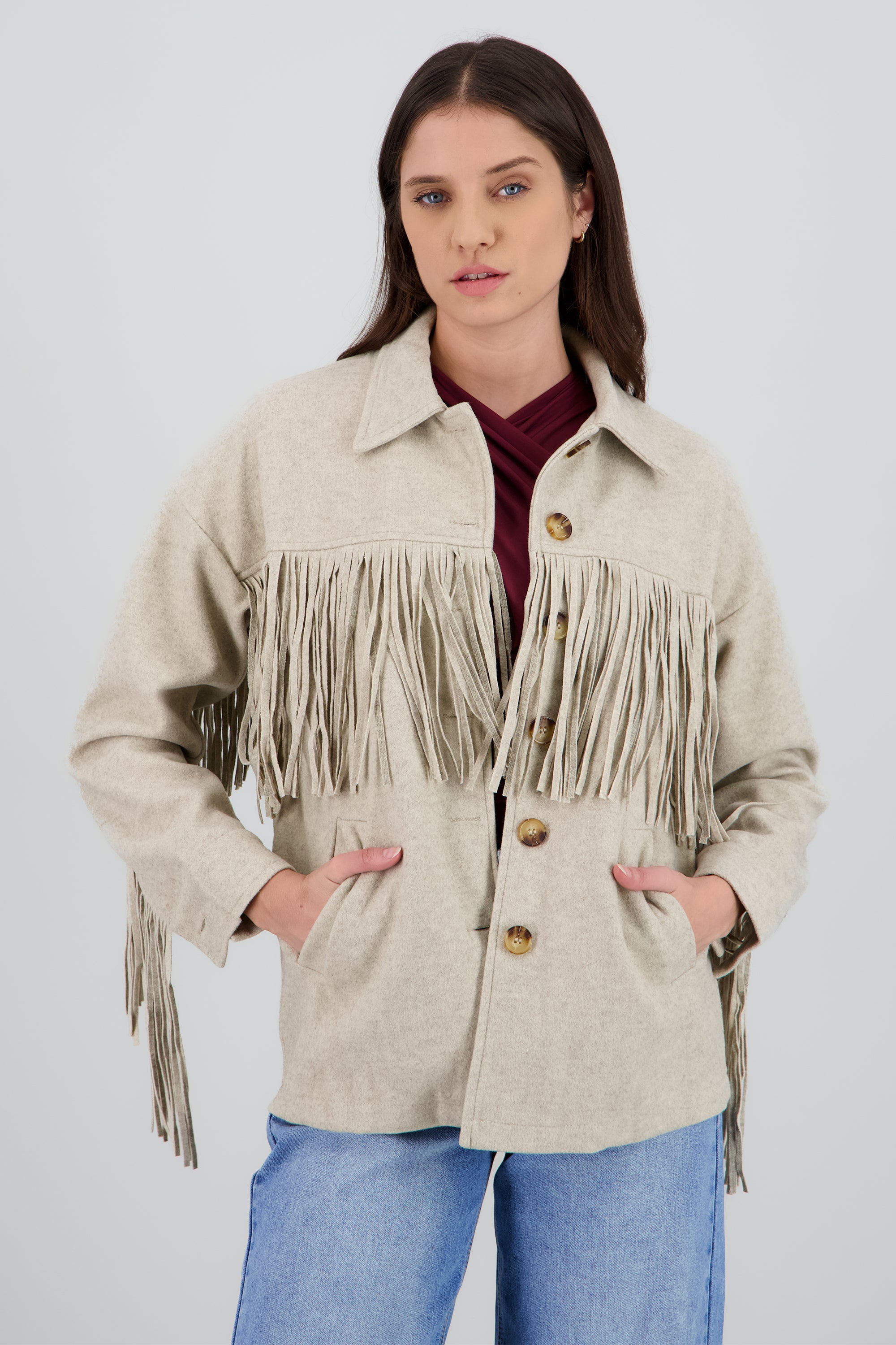 CHAMARRA DETALLE FRINGE BEIGE