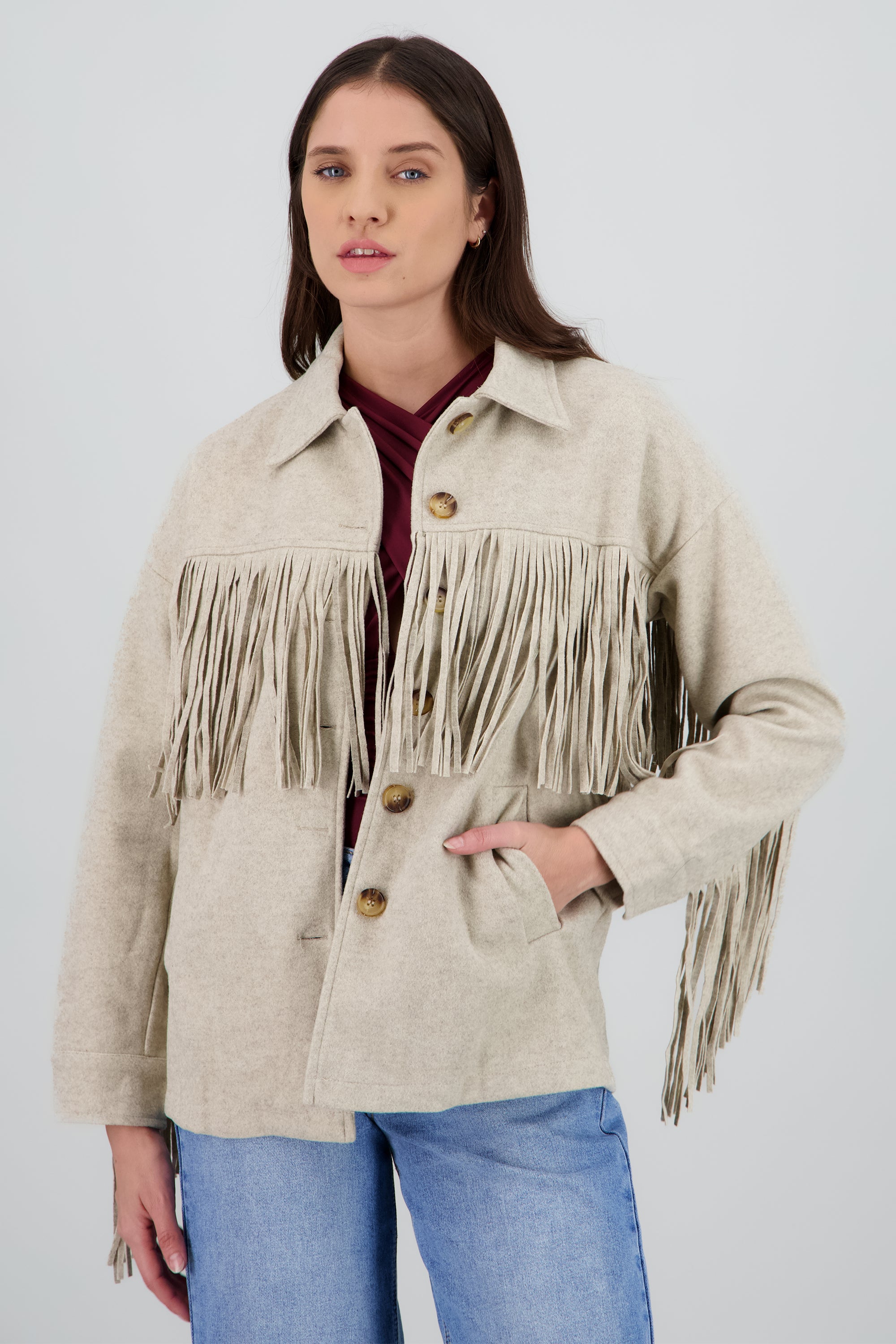 CHAMARRA DETALLE FRINGE BEIGE