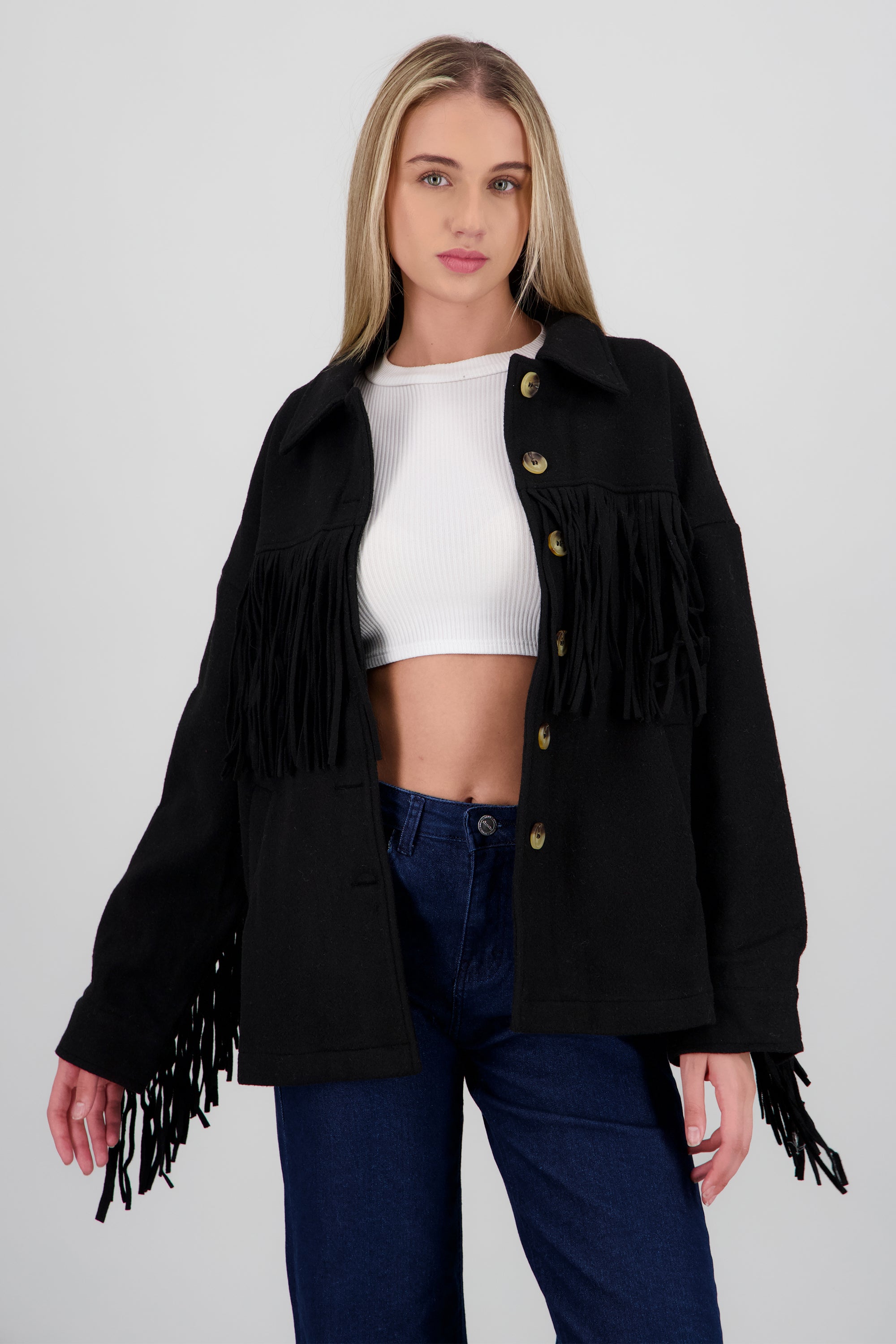 CHAMARRA DETALLE FRINGE NEGRO