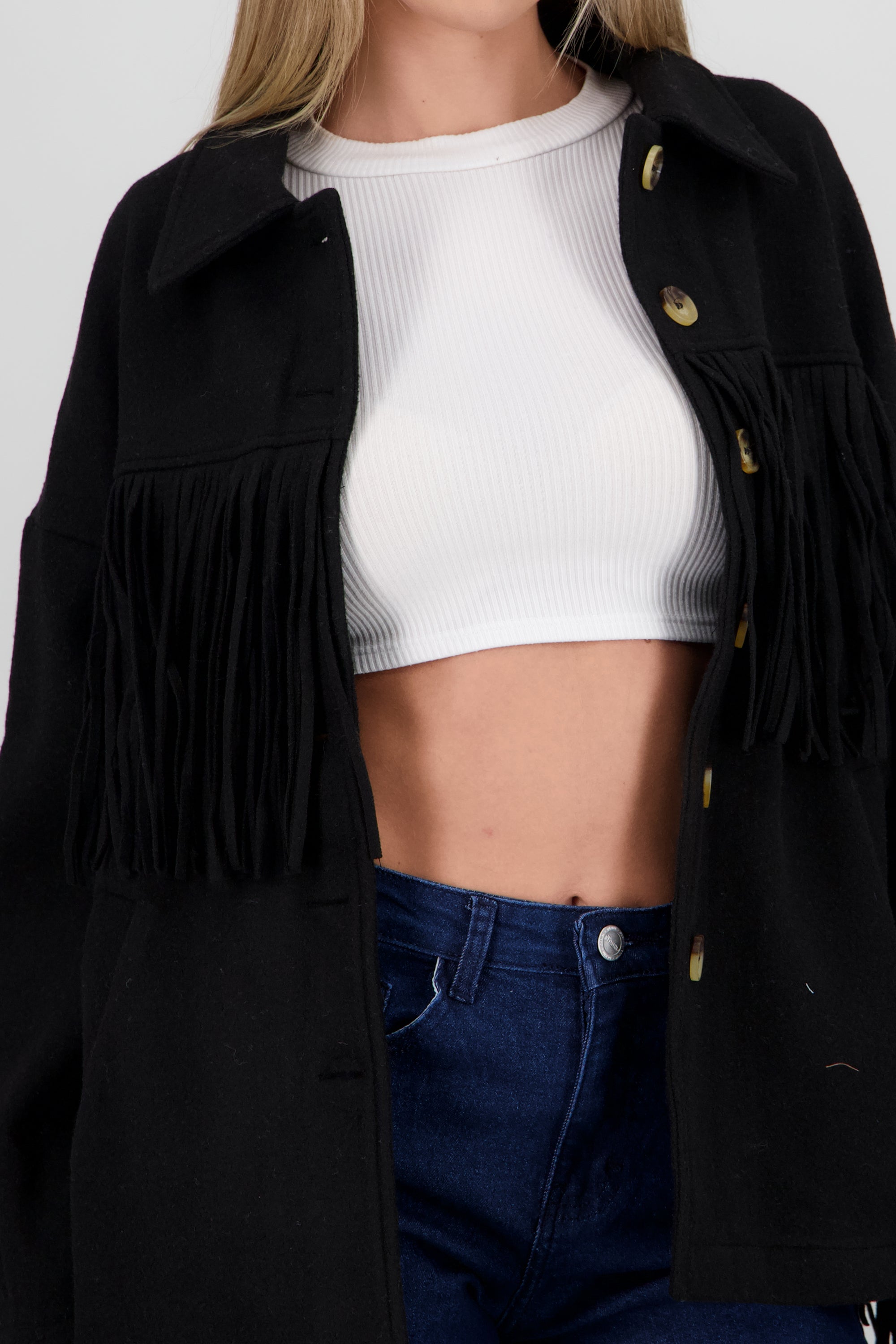 CHAMARRA DETALLE FRINGE NEGRO
