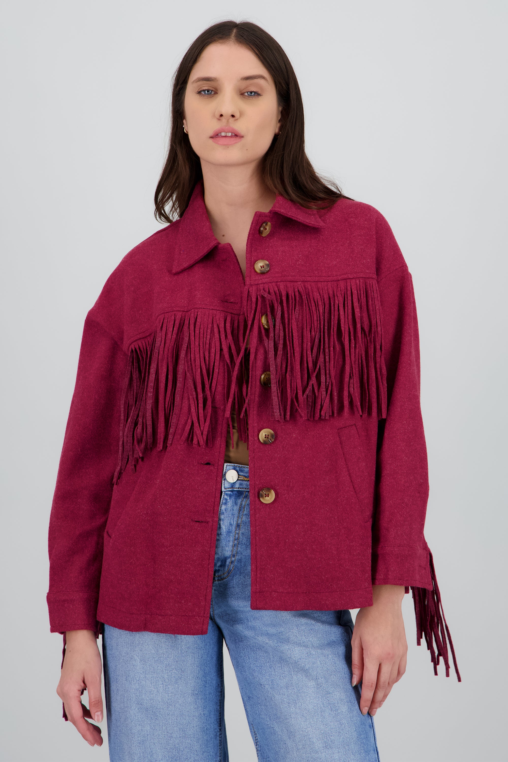 CHAMARRA DETALLE FRINGE VINO