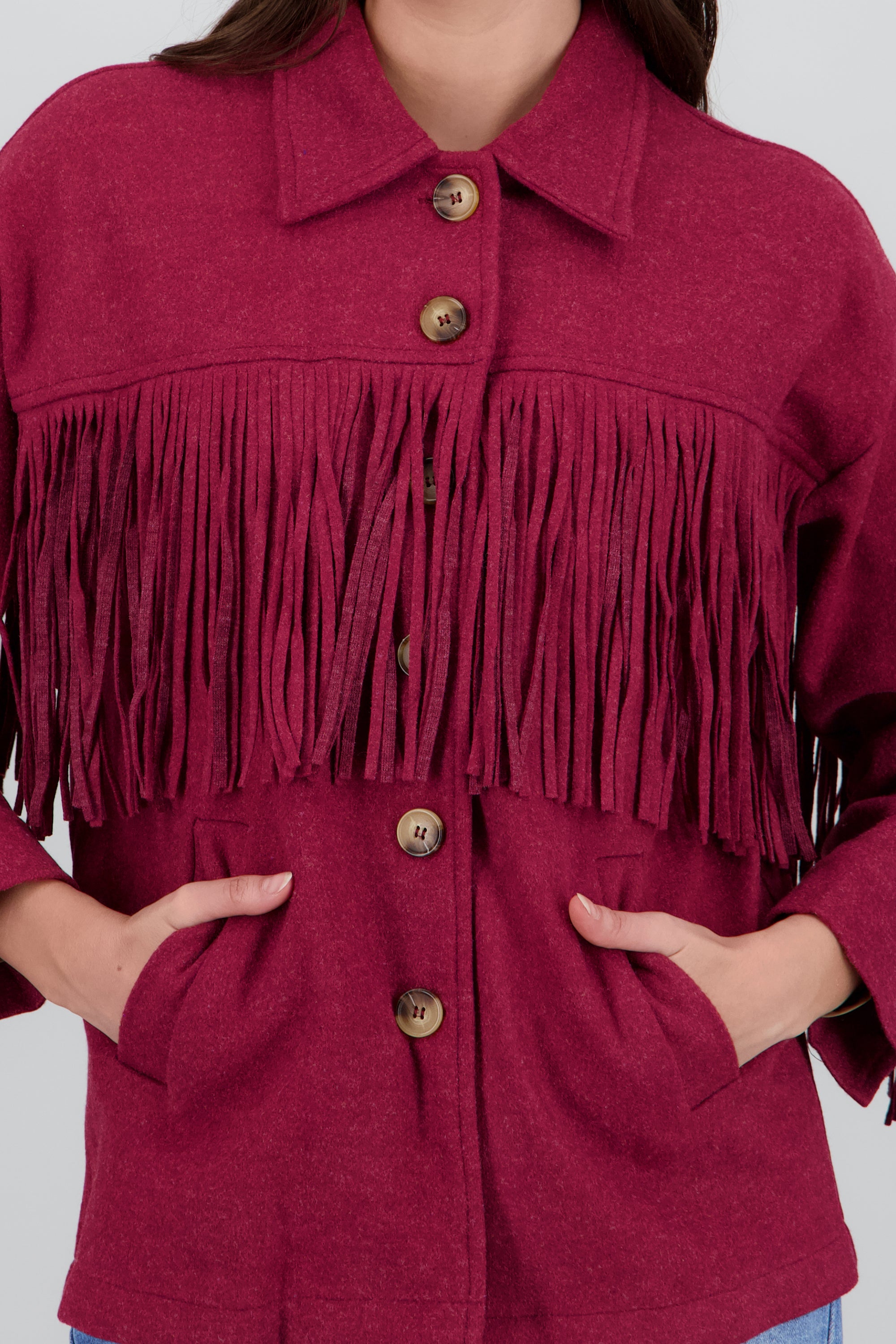 CHAMARRA DETALLE FRINGE VINO